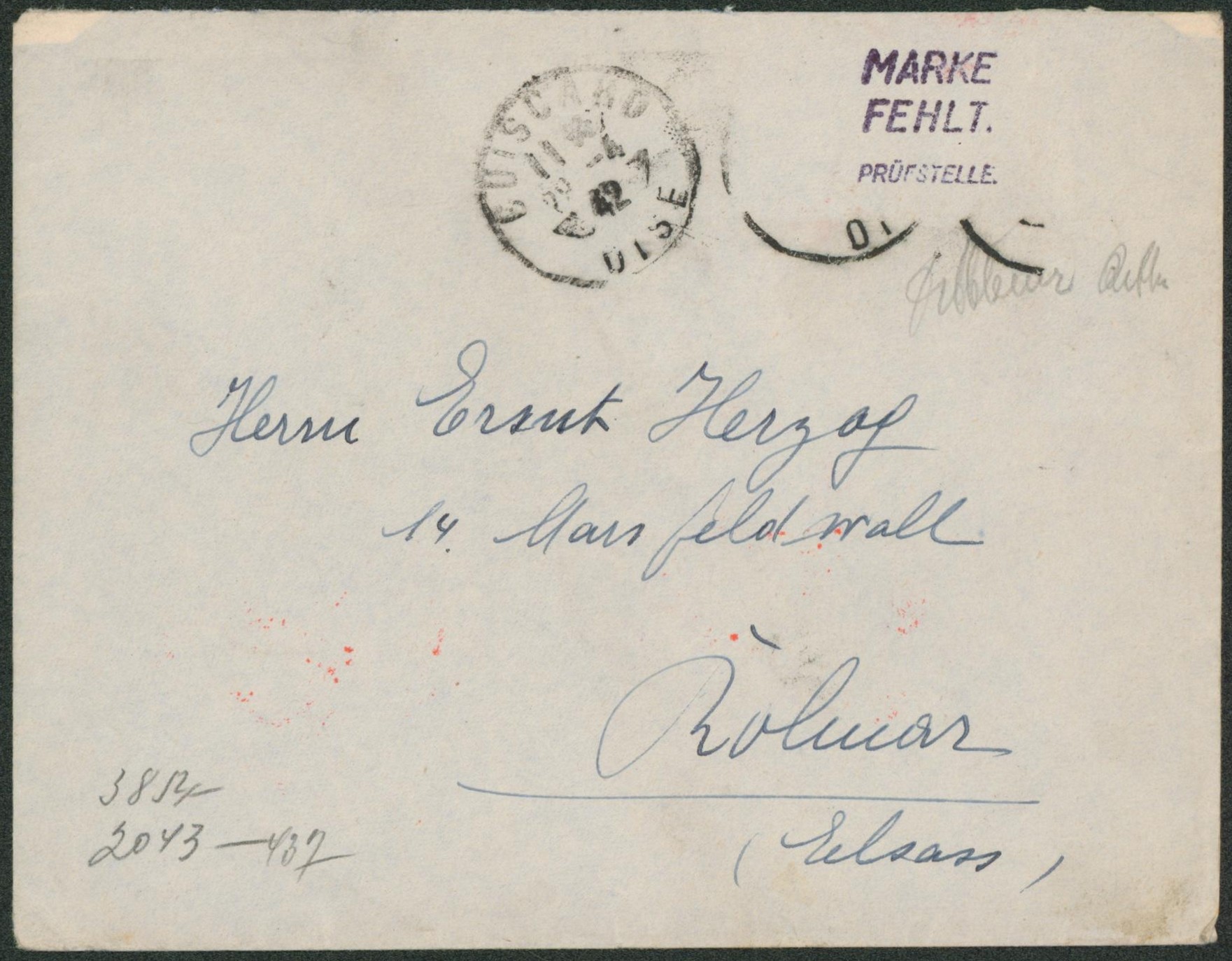 WWII - Lettre avec timbre décolé par la censure + griffe allemande expédiée de Guiscard (Oise) > Alsace.