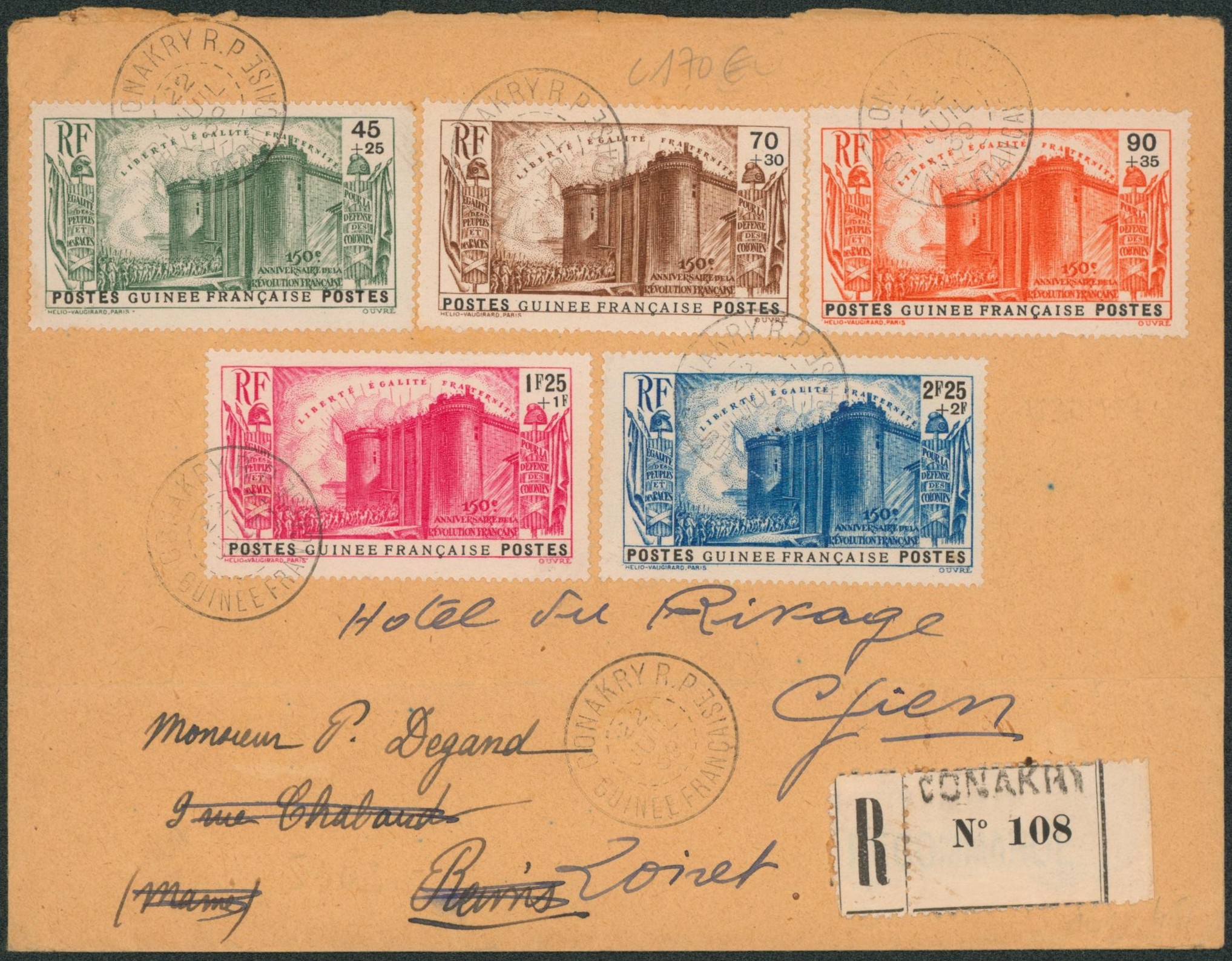 Guinée française - Yv n°153/57 sur lettre en recommandé de Conakry > Reims suivi Loiret. TB