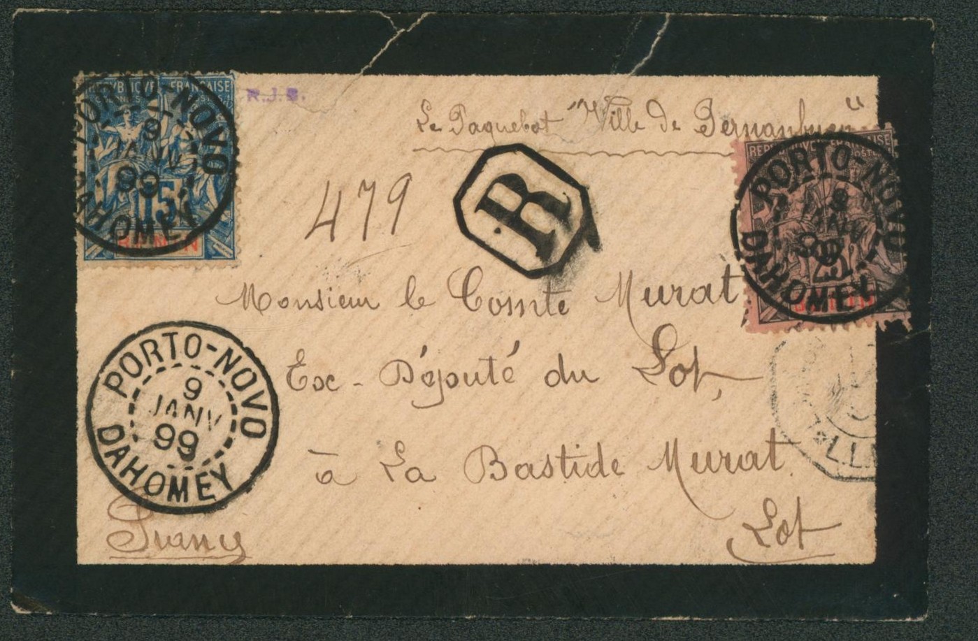 Dahomey - Yv n°2/3 sur lettre en recommandé de Porto-Novo via Le paquebot "ville de…" > Bastide Murat