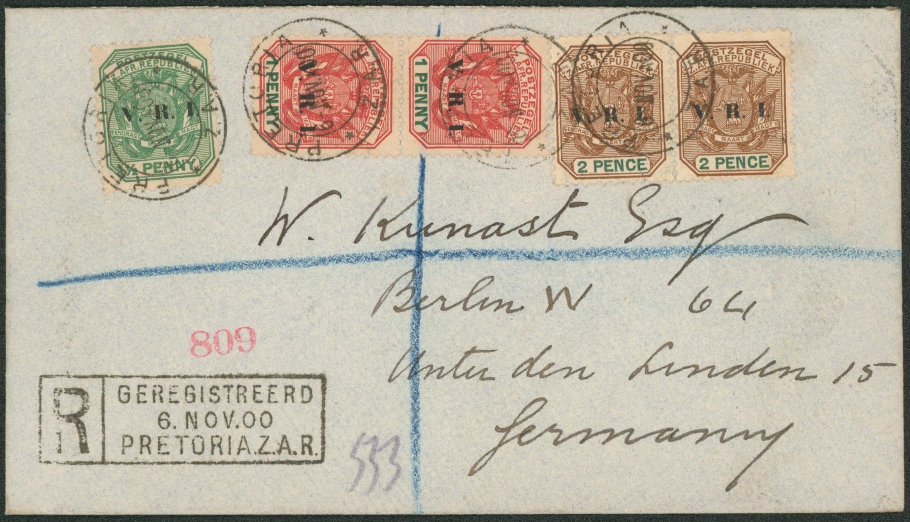 Transvaal (British occupation) - V.R.I. affranch. mixte sur lettre en recommandé de Pretoria > Berlin (Allemagne).