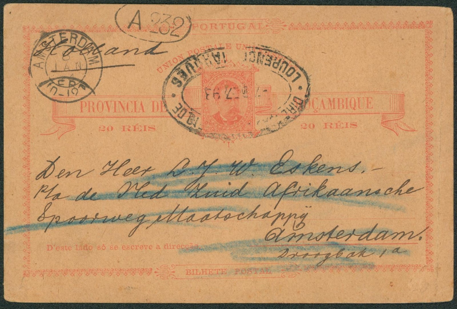 Colonies portuguaises - Mozambique : EP au type 20 reis voyagée de lourenço marques > Amsterdam / Biffé