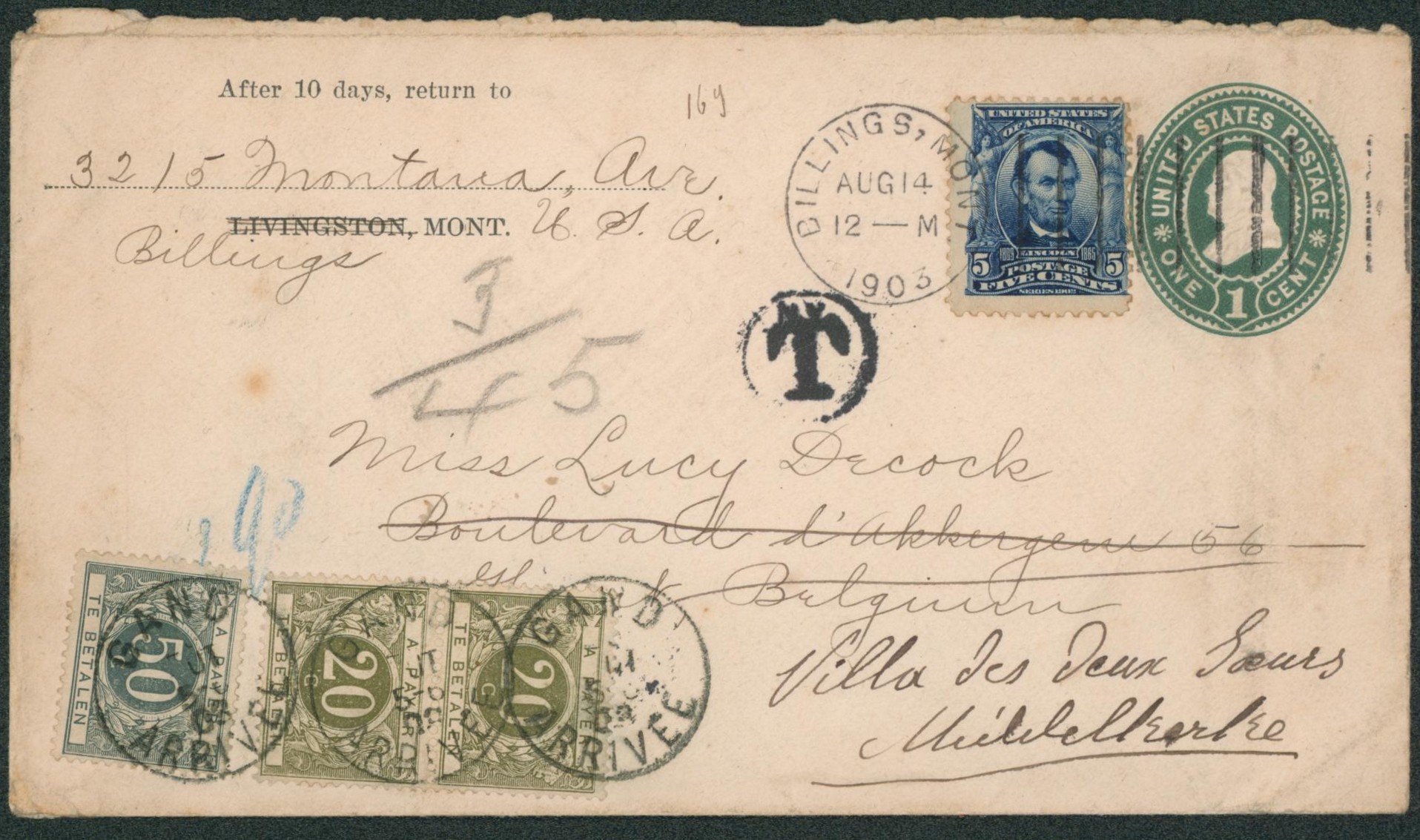 USA - Entier au type enveloppe 1 cent en recommandé + Affranch. Complémentaire de Livingston > via Gand taxé à 90ctm vers Middelkerke.