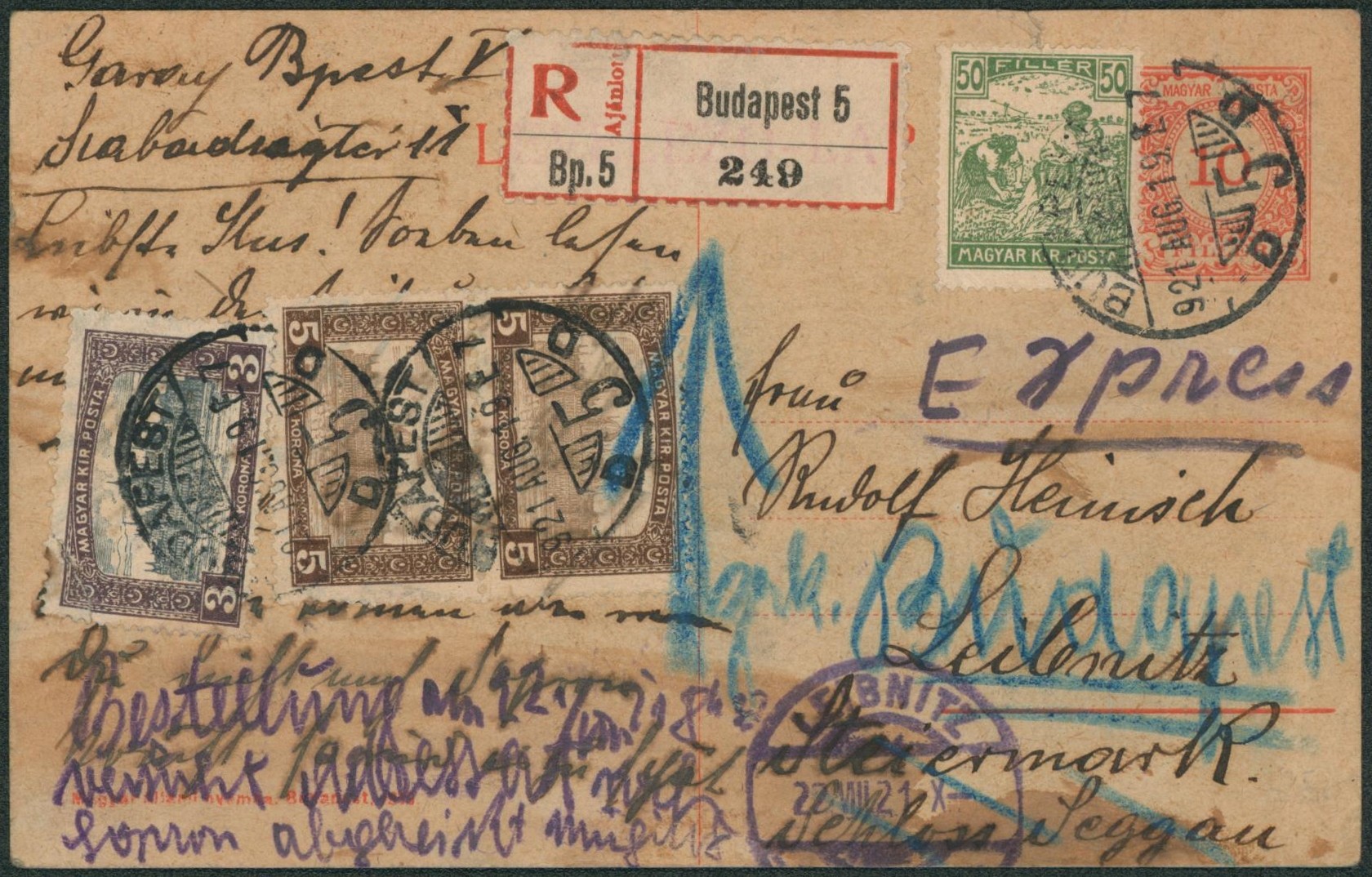 Hongrie - Entier au type 10 filler + Affranch. Complémentaire en recommandé de Budapest > Leibnitz (Autriche), retour !
