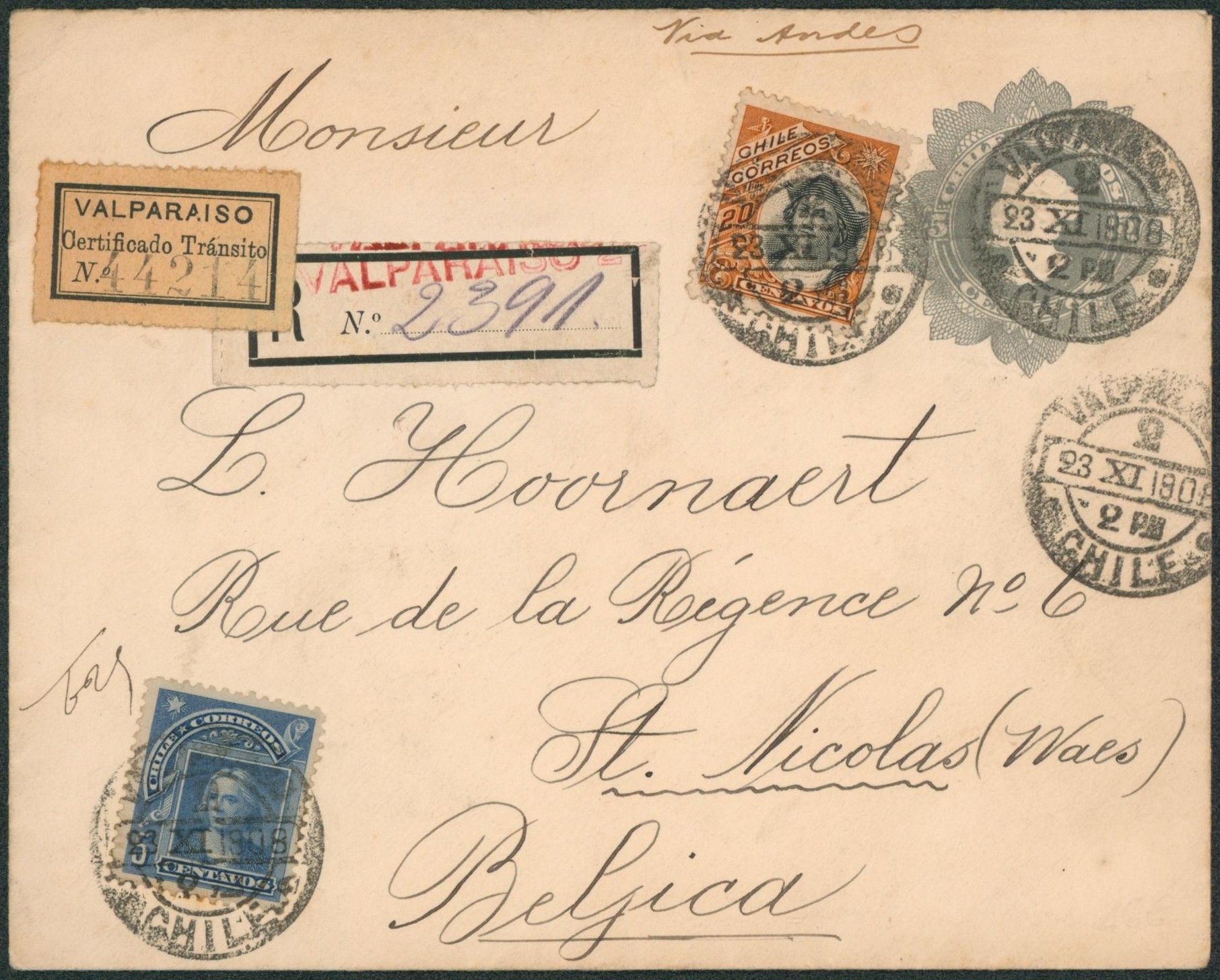 Chile - Entier au type Enveloppe 5 cents + affranch. Complémentaire de Valparaiso + étiquette "certificado transito" > St-Nicolas (Belgique)
