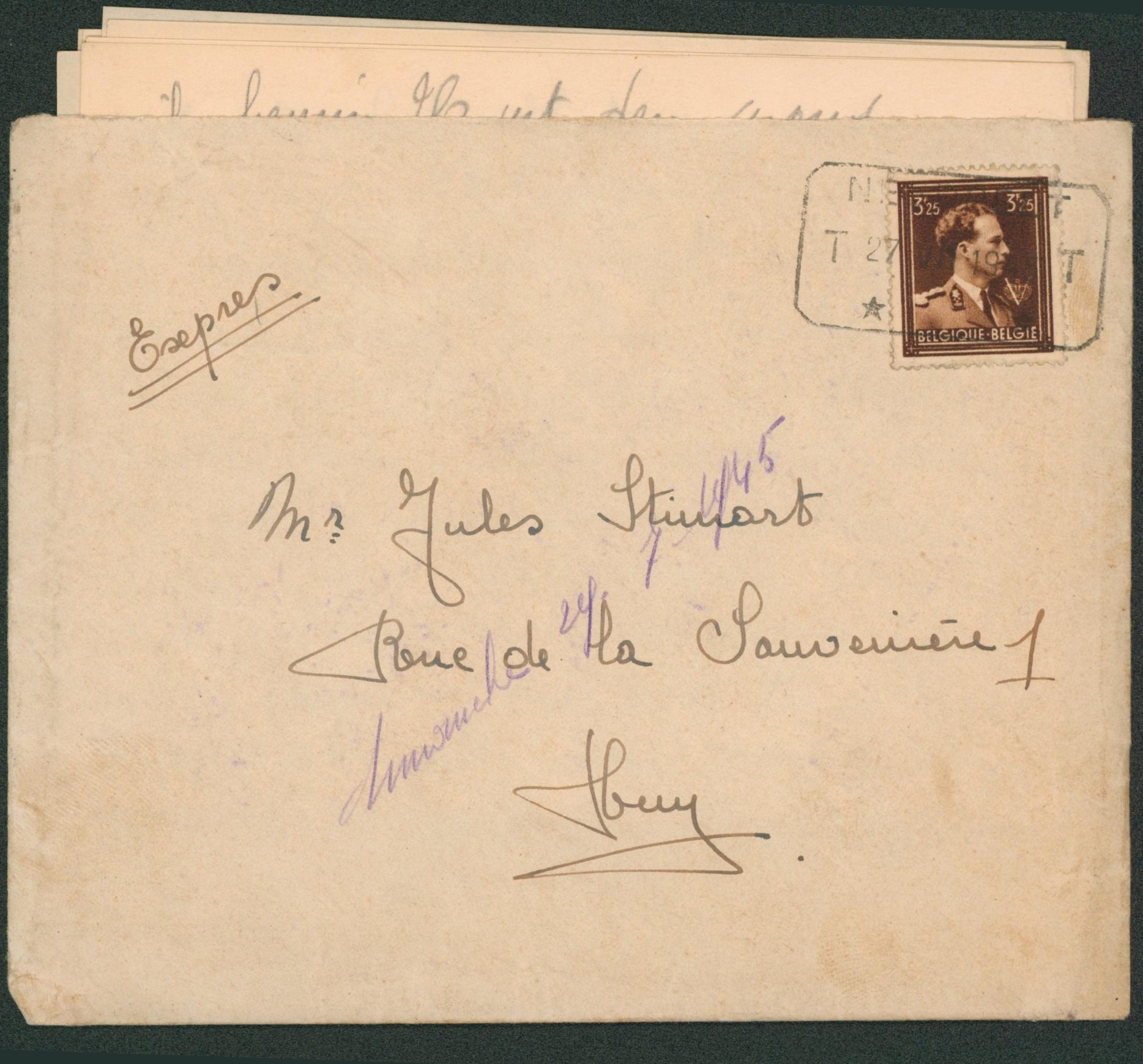 Col ouvert - n°695 sur lettre en expres obl télégraphe-téléphone "Neerpelt" > Huy çàd arrivée obl télégraphe-téléphone bleu "Télégraphes / Huy (sud)".