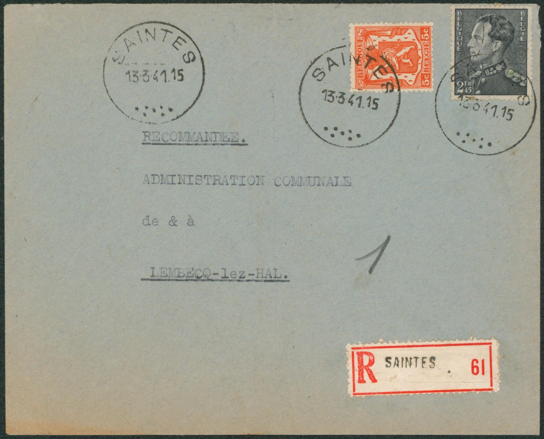 n°419 et 432 sur lettre en recommandé de Saintes (1941) > Lembecq-lez-Hal