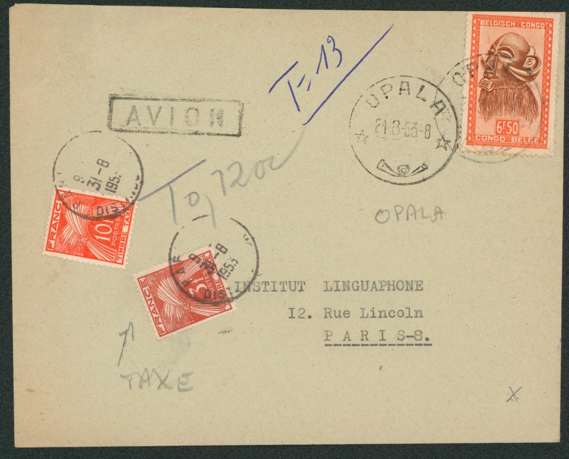 Congo Belge - Masque : 6F50 seul sur lettre par avion de Opala > Paris, taxé à 3F20 !