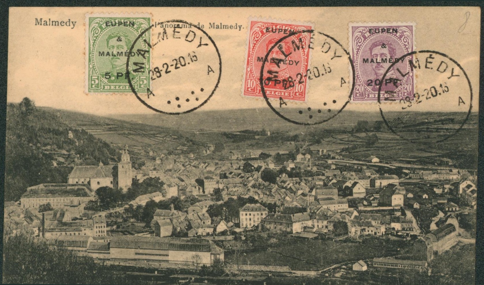 Canton de l'est - Affranchissement tricolore sur CP vue (Malmedy) çàd OC55, OC56 et OC58