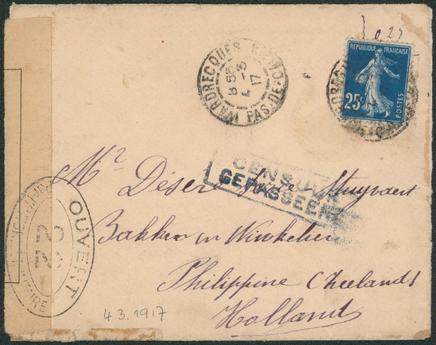 Armée belge en France (détachement d'arcques) çàd 25ctm semeuse sur lettre expédiée de Wardrecques (1917) > Philippine (Zeeland, Pays-Bas). Censure