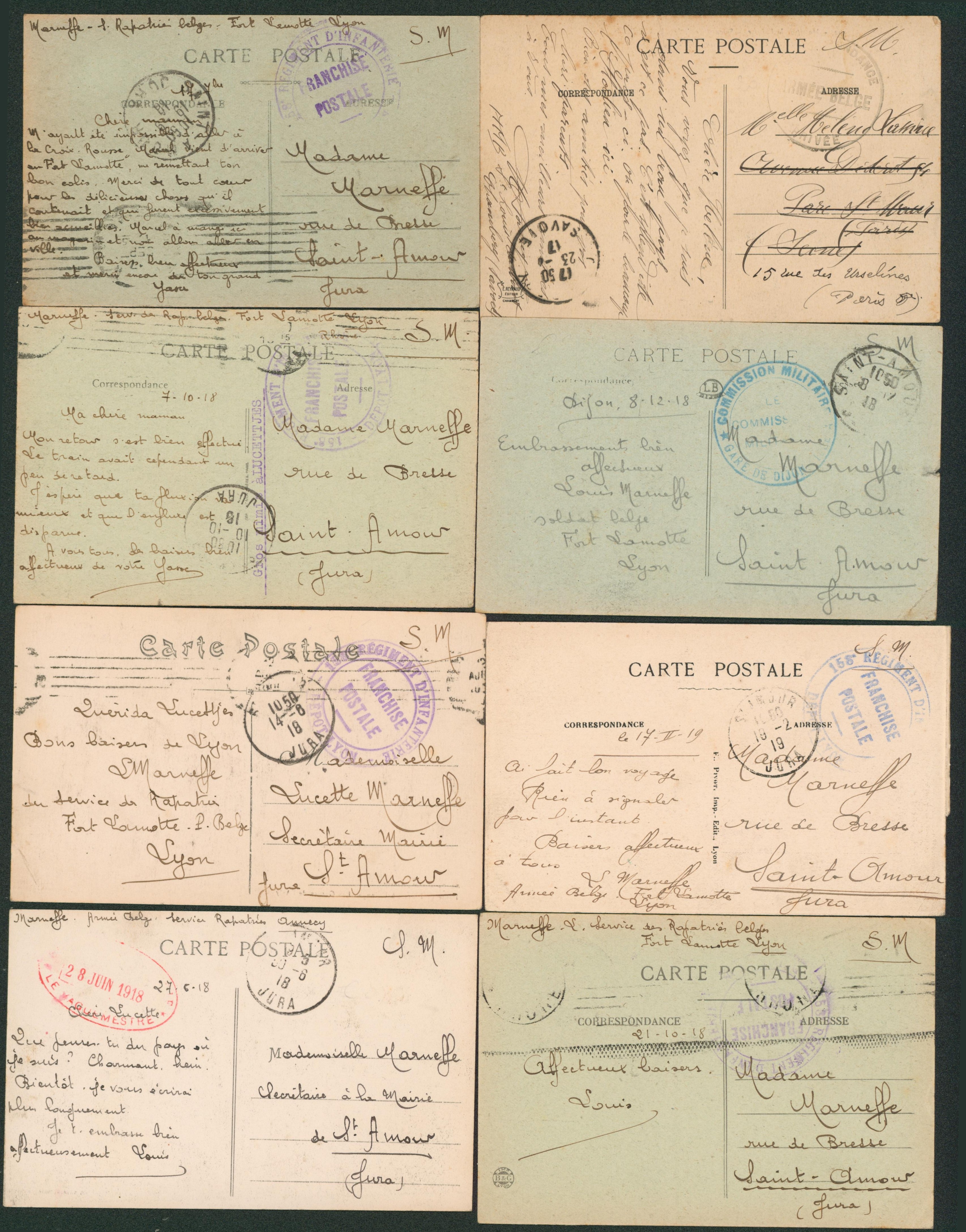 Archive de 8 CPA (1917-1919) soldats belges rapatriés au fort Lemotte (Lyon) en S.M. + cachet franchise postale > Jura