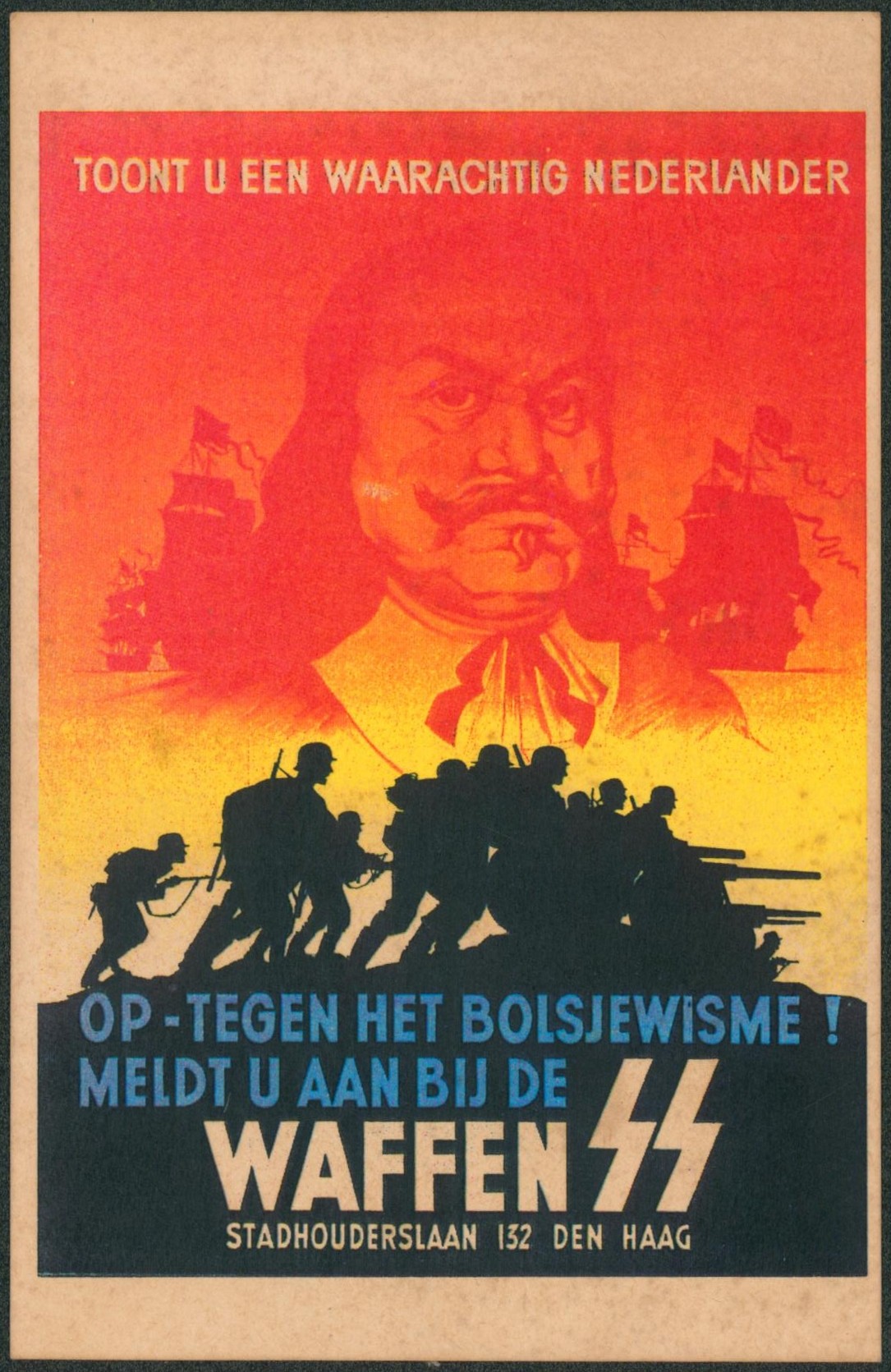 Carte postale - WAFFEN SS (propagande, WWII) op tegen het bolsjewisme meldt u aan bij de Waffen SS (Den Haag).