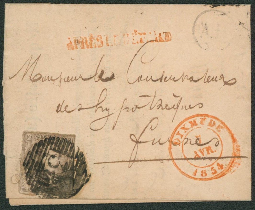 n°6 effleuré sur LAC obl P35 çàd Dixmude + boite rurale double littera "AB" (Merckem ?) & griffe APRES LE DEPART > Furnes.
