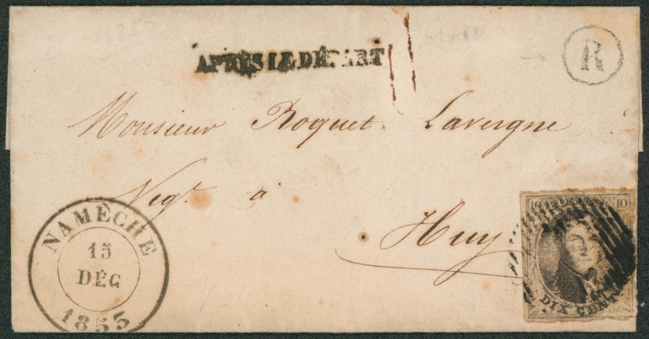 n°6 effleuré sur LAC obl D1 çàd Namèche + boite rurale "R" (Vezin) et griffe APRES LE DEPART (noir) > Huy. TB