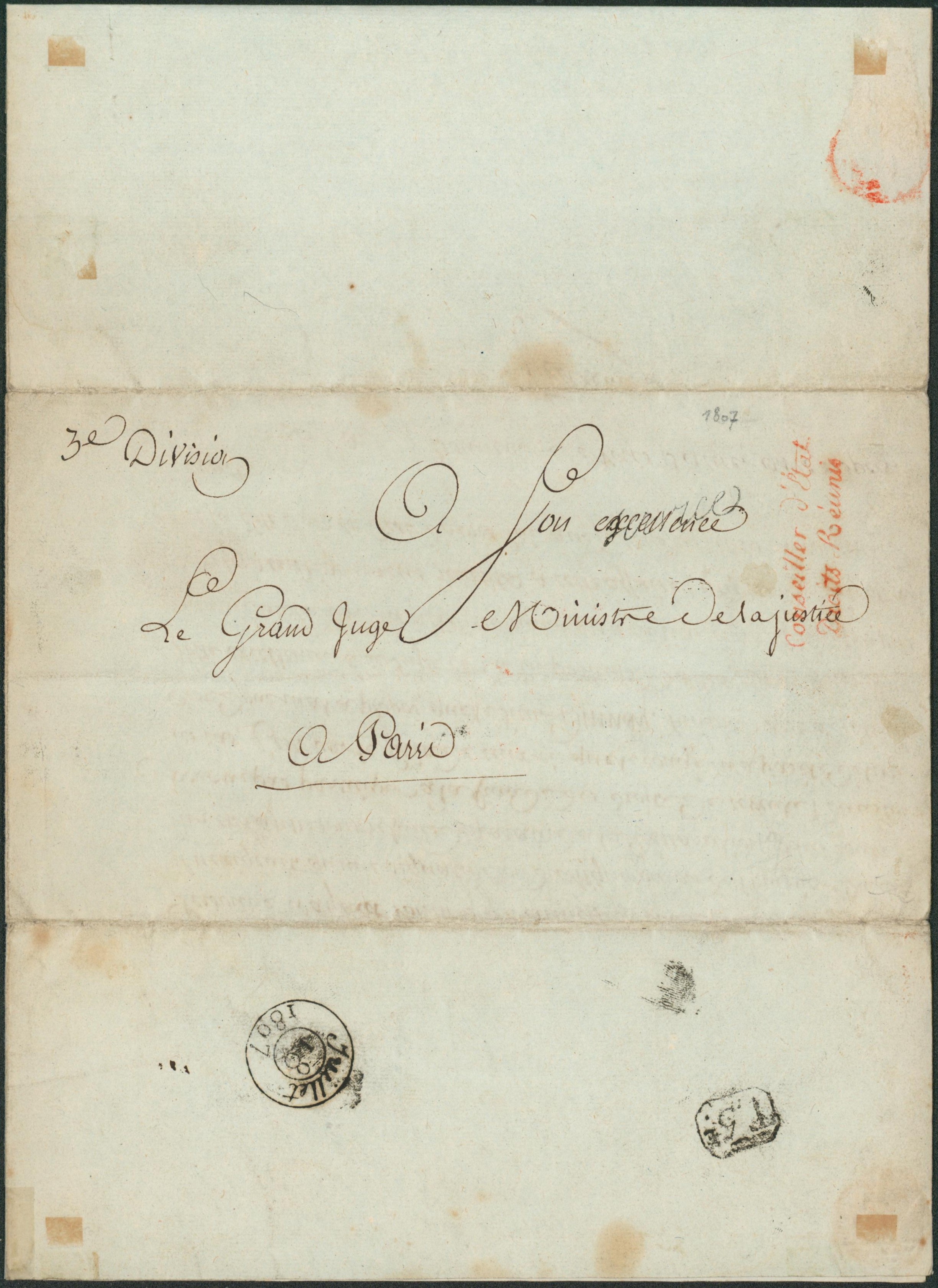 LAC + griffe rouge "Conseiller d'état" (daté de Paris, 1807) > Paris. Cachet dateur au verso + taxation. TB