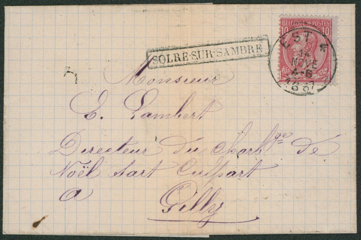 n°46 sur LAC obl ambulant "Est 4" + griffe encadrée SOLRE-SUR-SAMBRE > Gilly. TB