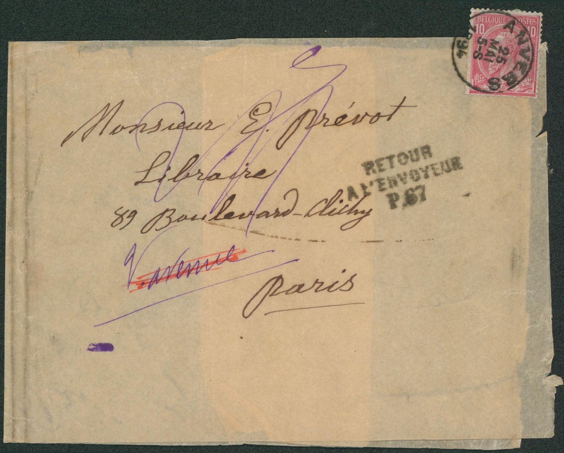 n°46 sur lettre obl simple cercle "Anvers" > Paris / Retour à l'envoyeur, inconnu, rebut.