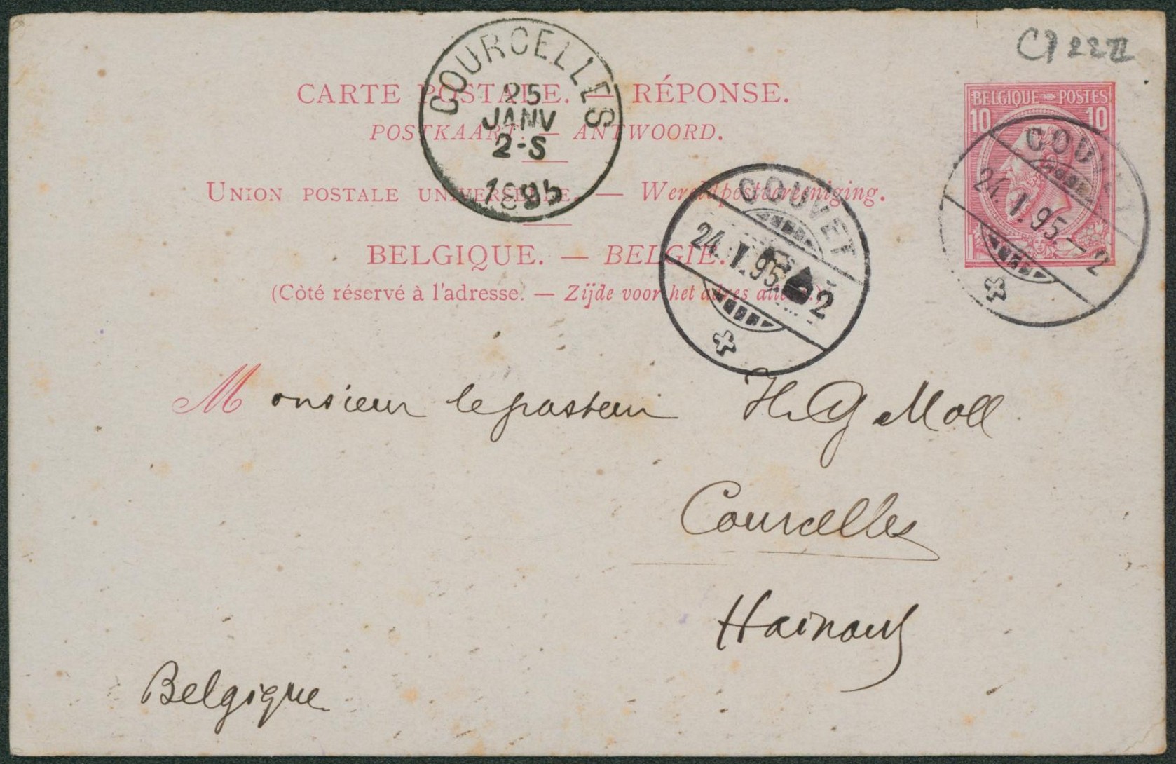 EP au type 10ctm rose (n°46, partie réponse) de Couvet (Suisse) > Courcelles