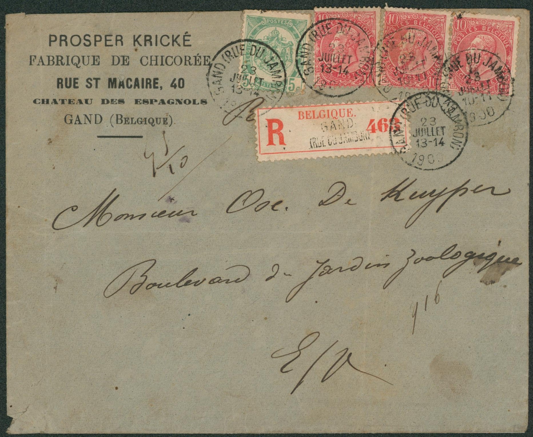 n°56 et 58 x3 sur lettre en recommandé (fabrique de chicorée) de Gand > La ville.