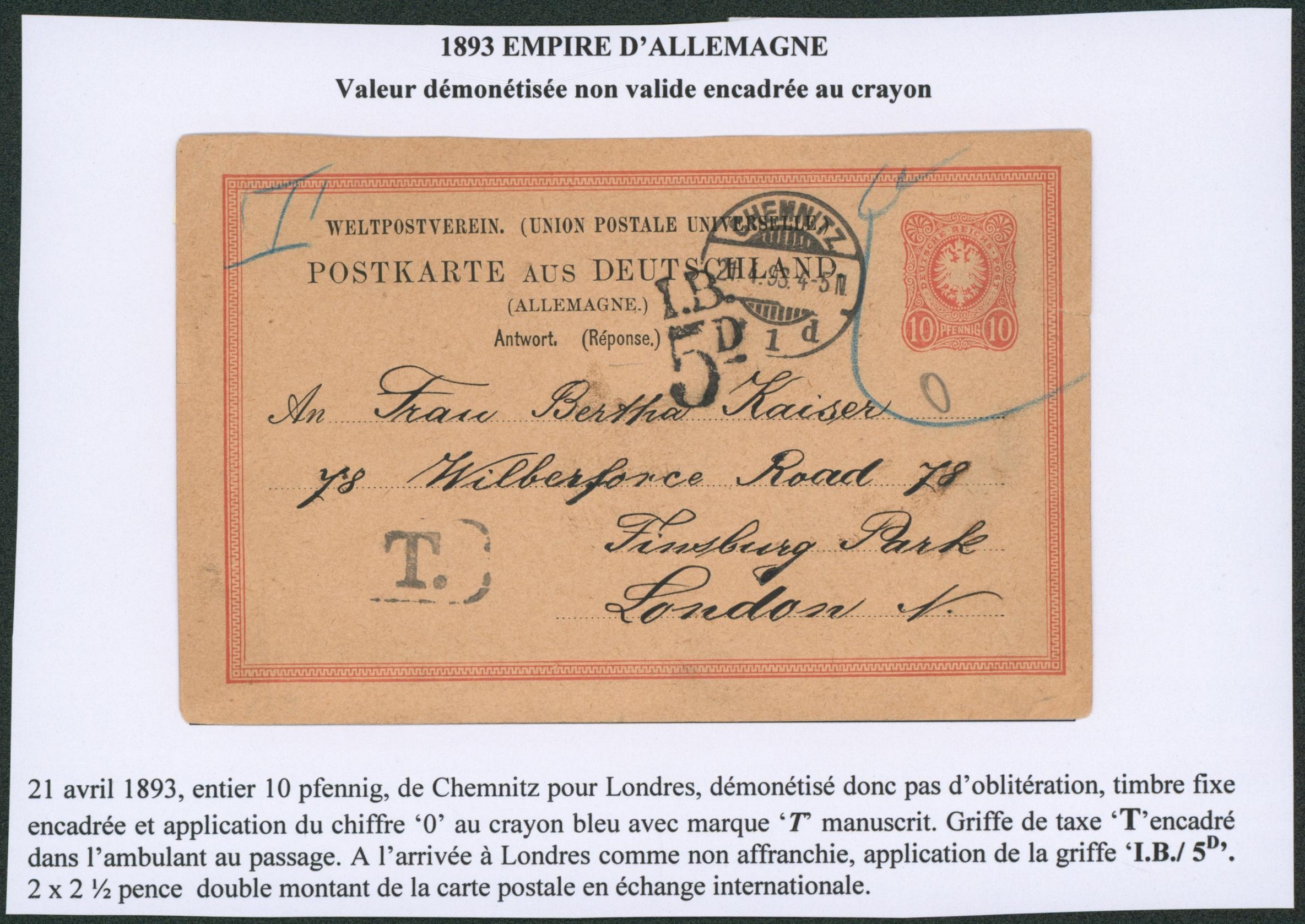 Allemagne - Entier postal type 10 Pfennig démonétisé de Chemnitz (1893) > londres, double taxe (Passage ambulant, taxe anglaise).