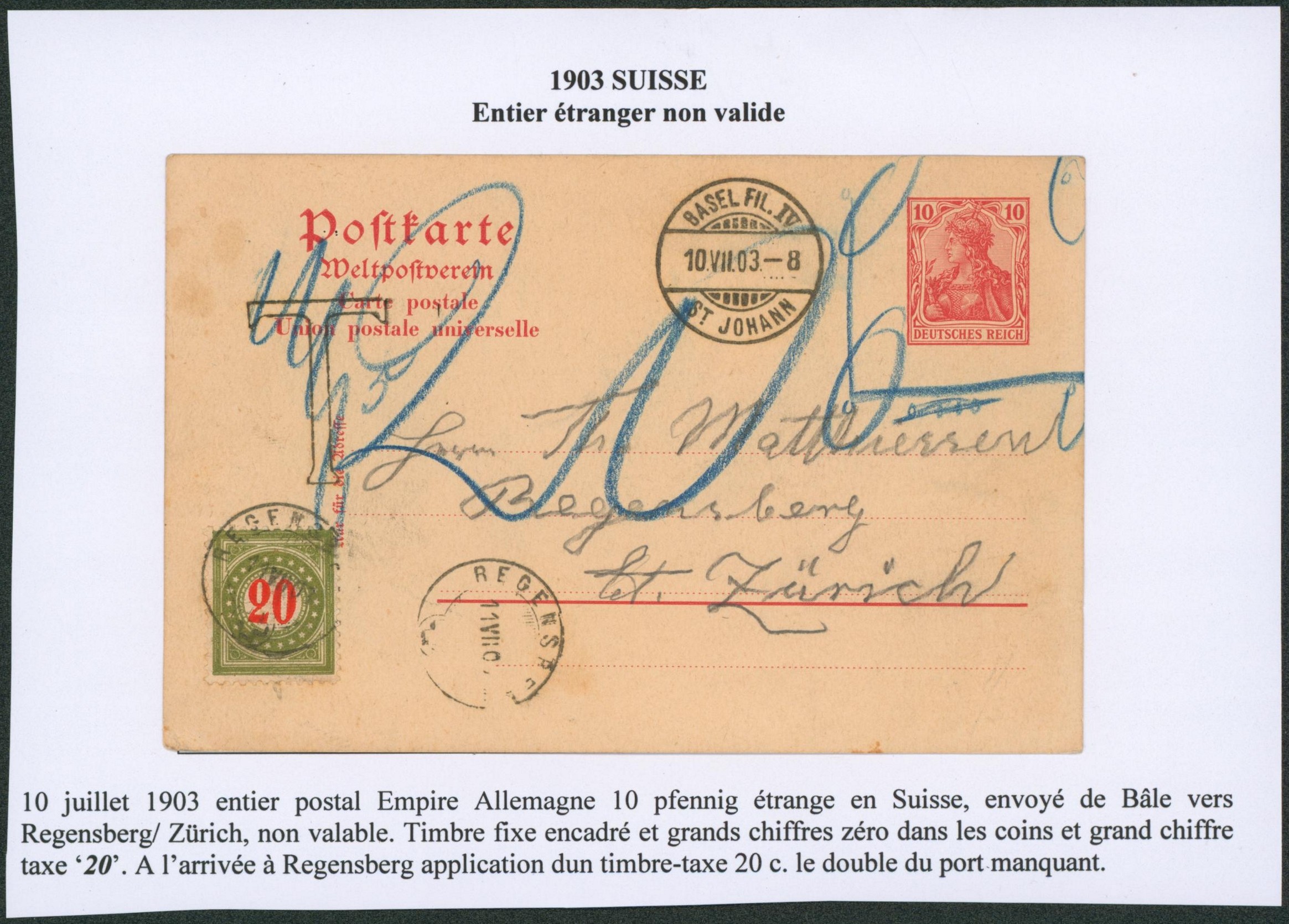 Allemagne - Entier postal type 10 Pfennig démonétisé de Basel fil IV / St. Johann > Zurich, taxé à 20cents.