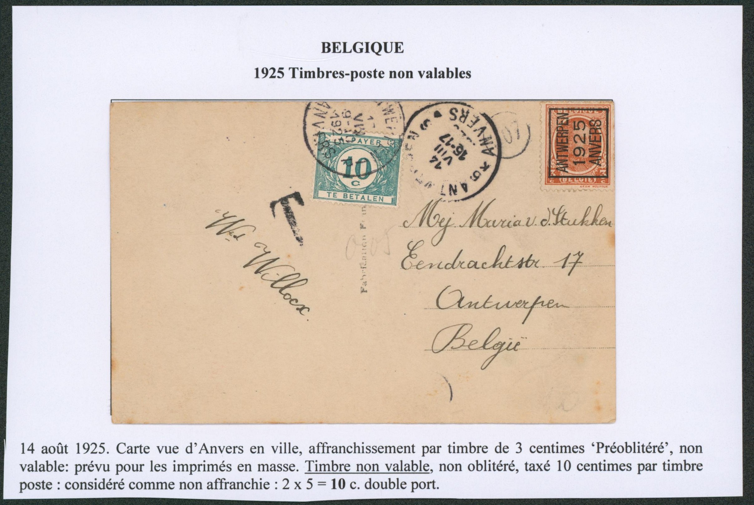 n°192 typo "Antwerpen 1925 Anvers" sur carte vue (non valable) > Antwerpen, taxé à 10ctm.