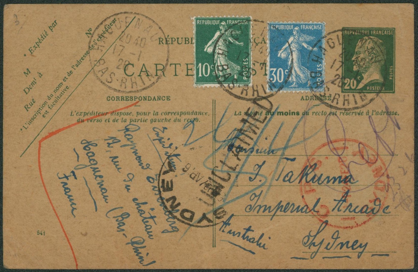 France - entier postal type Pasteur 20C vert + Affranch. Complémentaire Semeuse expédié de Haguenau > Sydney (Australie) / Unclamed (non réclamé), retour.
