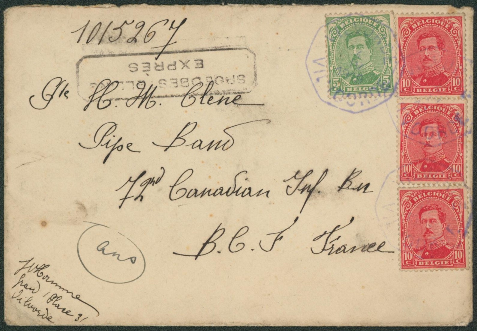 Albert I - n°137 et 138 x3 sur lettre en expres obl télégraphique de fortune "Vilvoorde / Vilvorde" > Canadian inf. (France, militaire).