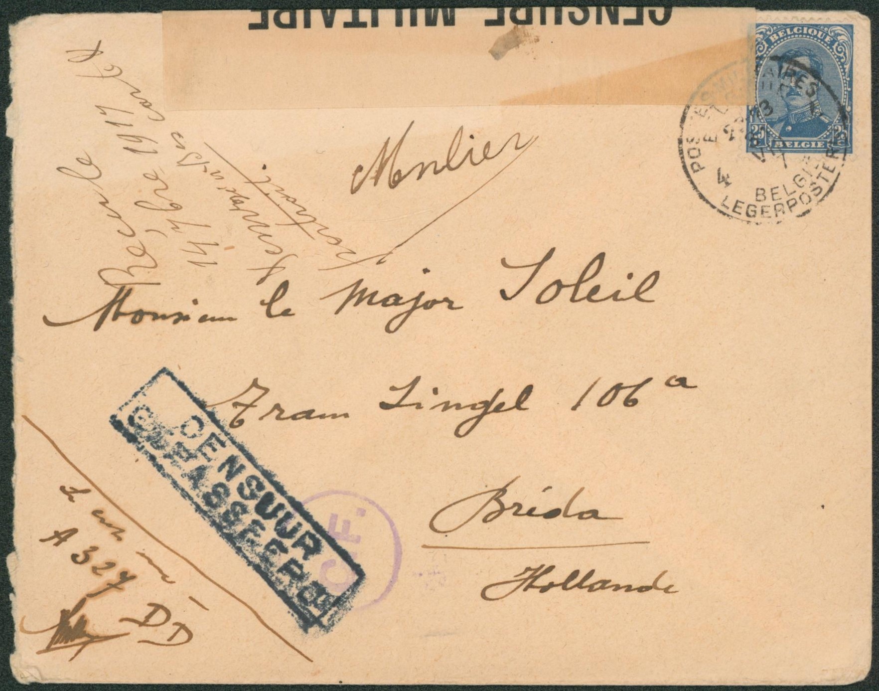 Albert I - n°141 sur lettre obl P.M.B. 4 (1917) + bandelette de censure 21, censure C.F. > Breda (Hollande) + Censuur gepaseerd