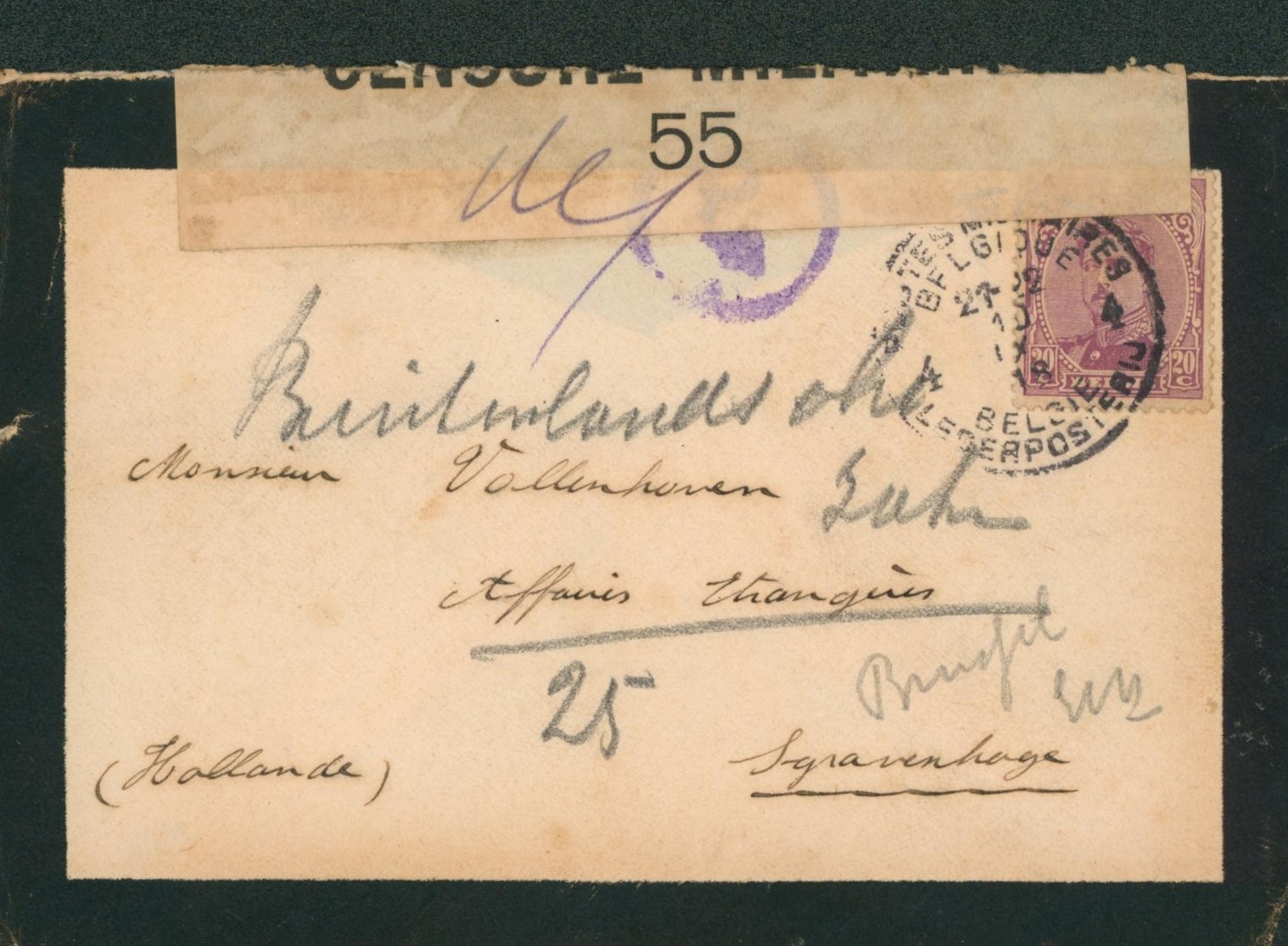 Albert I - n°140 sur lettre obl P.M.B. 4 (10/IX/1918) + bandelette de censure 55 et censure C.F. > 'S gravenahge (Hollande)