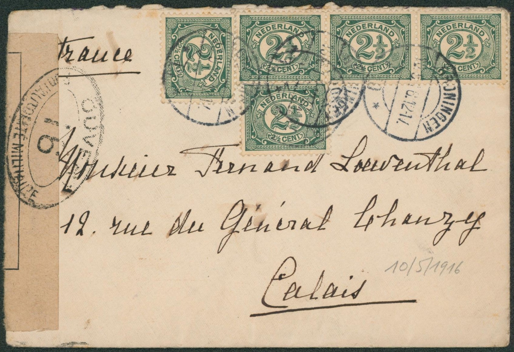 Pays-Bas - 2cents 1/2 x5 sur lettre expédié de Groningen > Calais (France) + censure militaire.