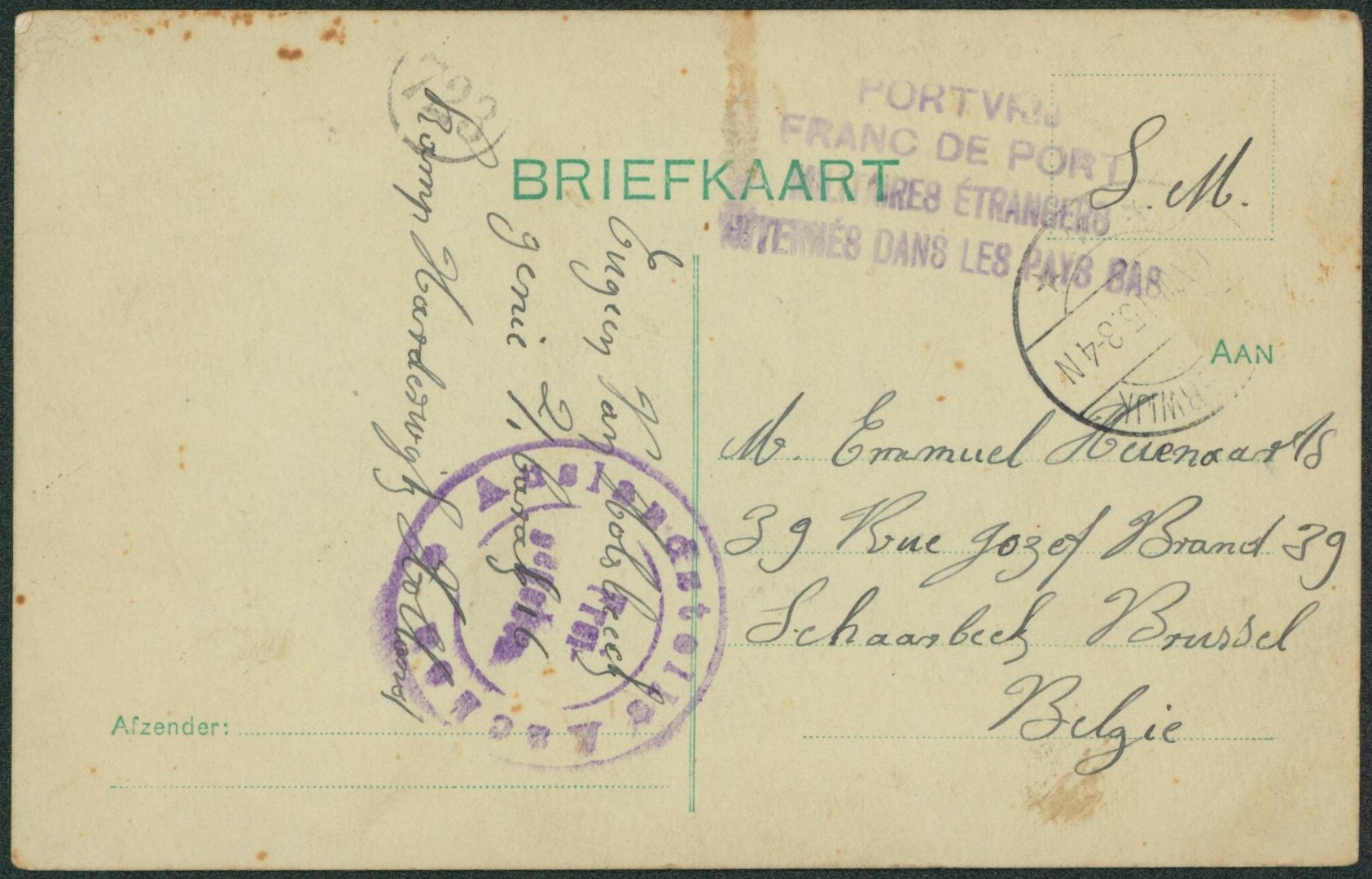Pays-Bas - Briefkaart en S.M. + griffe internés dans les Pays Bas (Belge au camp de Harderwijk) > Brussel / Texte