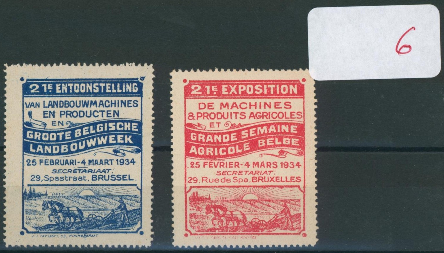 Erinnophilie - ensemble de 2 vignettes 21e exposition de machines & produits agricoles GRANDE SEMAINE AGRICOLE BELGE (bilingue)