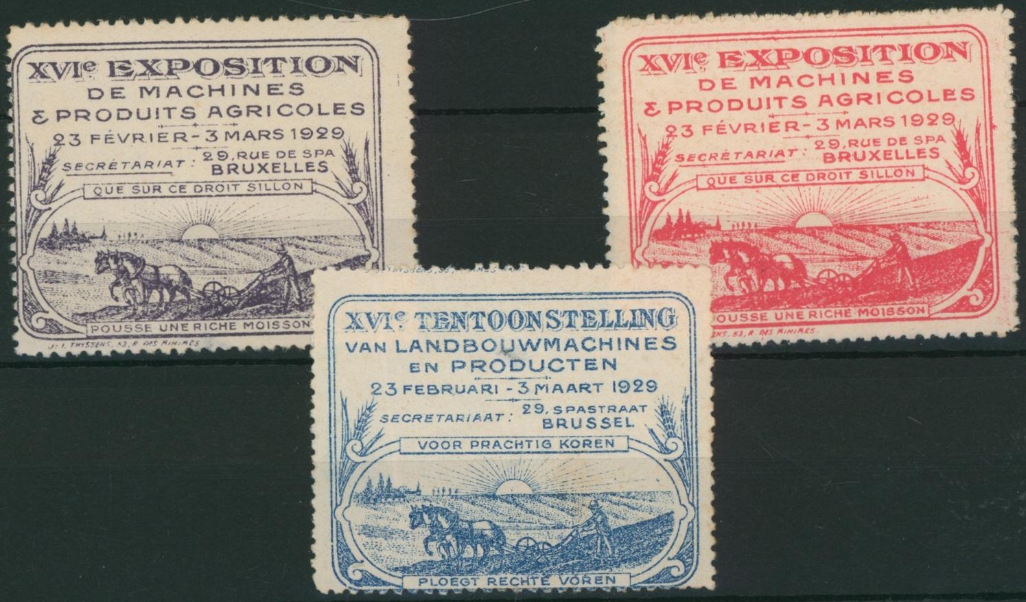 Erinnophilie - Ensemble de 3 vignettes XVIe expositions de machines & produits agricoles (1929)