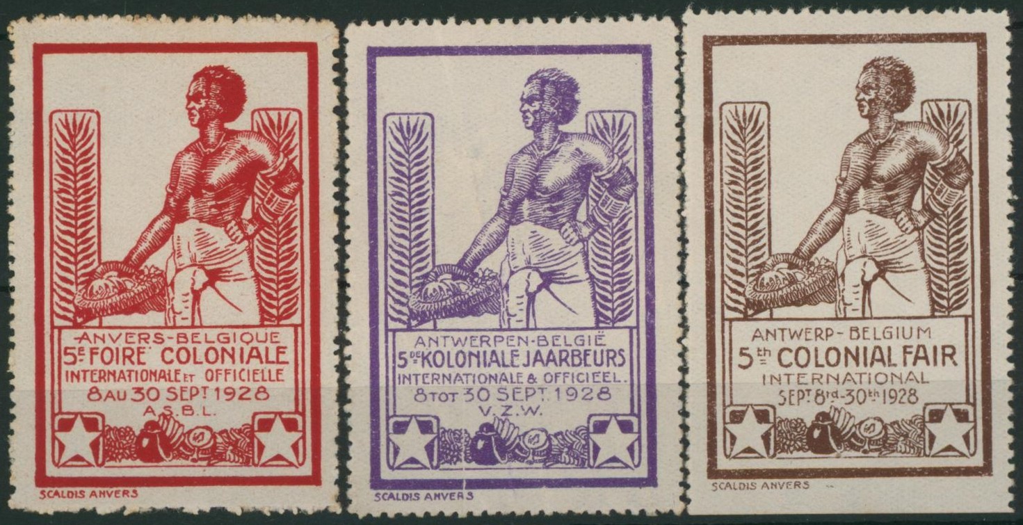 Erinnophilie - ensemble de 3 vignettes "Anvers, 5e foire coloniale internationale et officielle" (1928)