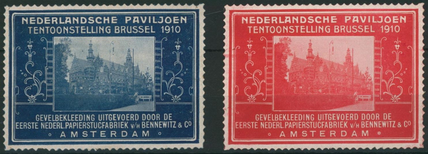 Erinnophilie - ensemble de 2 vignettes "Nederlandsche paviljoen tentoonstelling brussel 1910" (Amsterdam)