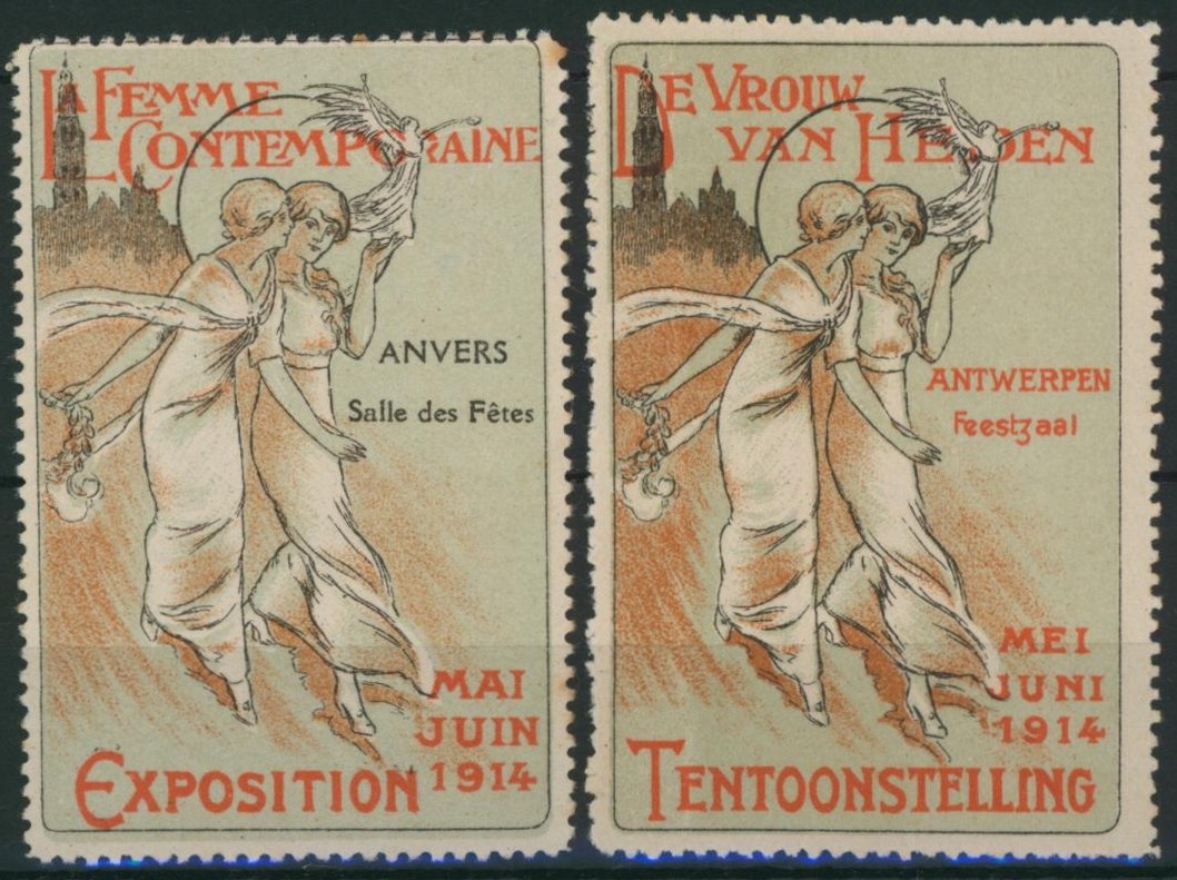 Erinnophilie - ensemble de 2 vignettes "femme contemporaine" (Anvers, 1914). Mode