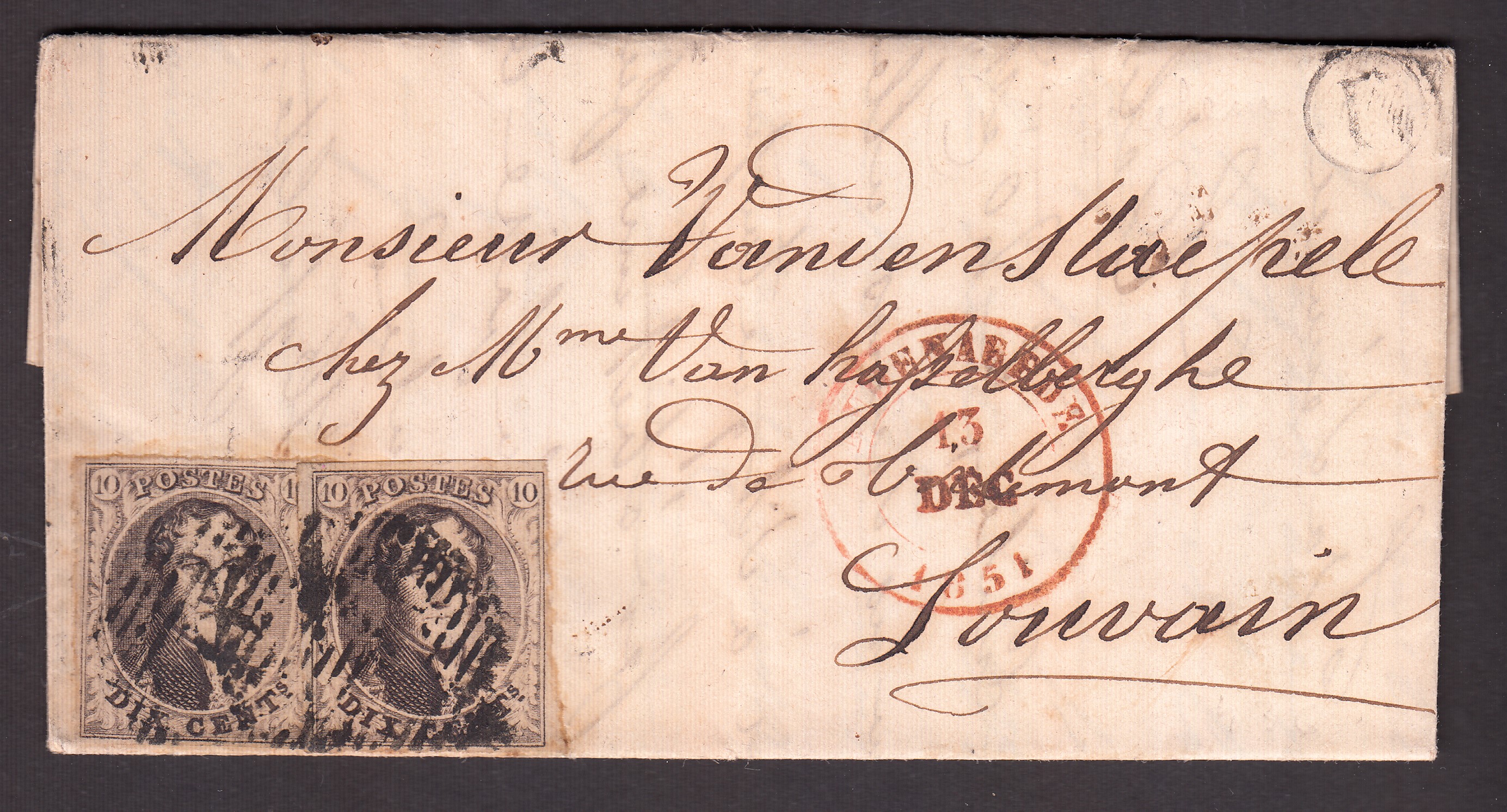 6 en paire margée sur LAC de la Boîte « U » ( Berchem ) via Audenaerde ( P9 ) le 13 déc.1851 vers Louvain. Càd au verso.