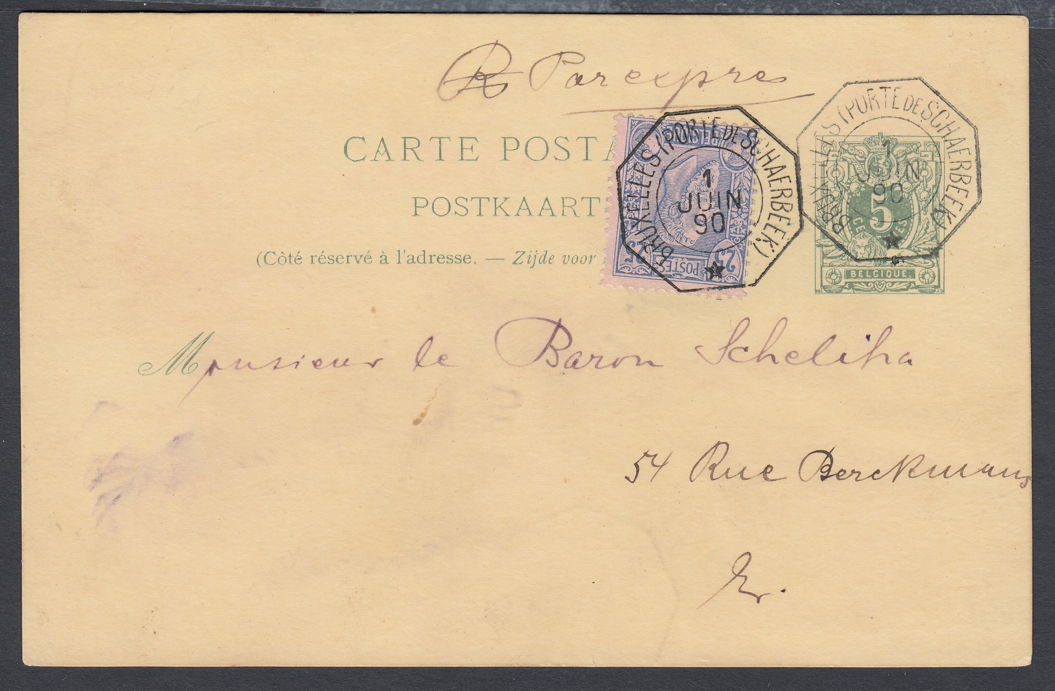 48 sur Ep5c type « Lion couché -Tp 45 » en exprès de BXL (Porte de Schaerbeek) le 1 juin 1890 vers la ville.