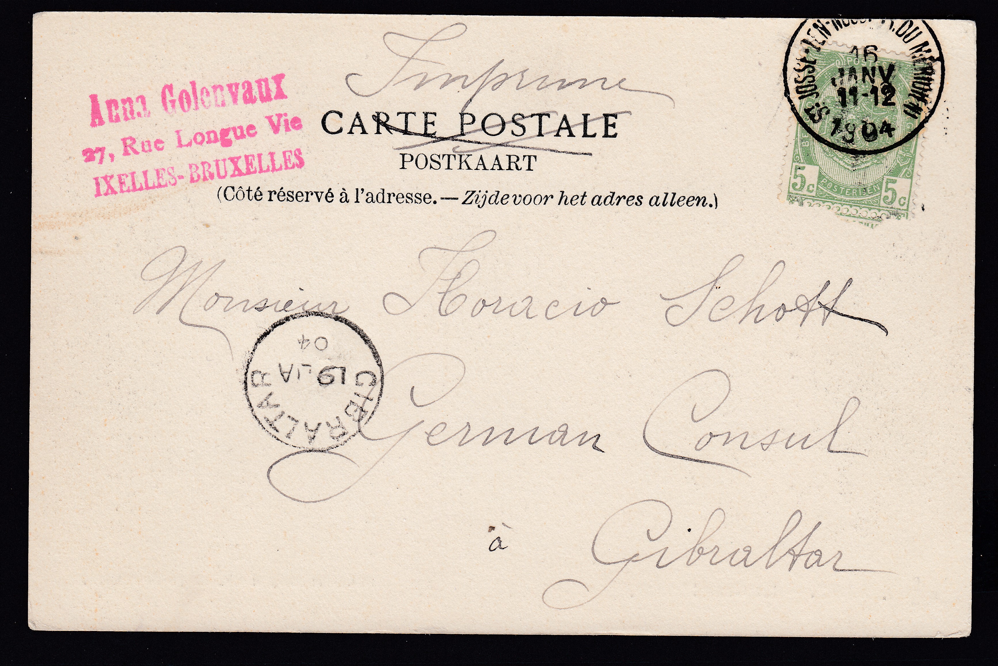 56 sur Cp en imprimé de St-Josse-ten-Noode le 16 JANV 1904 vers Gibraltar. Càd au verso.