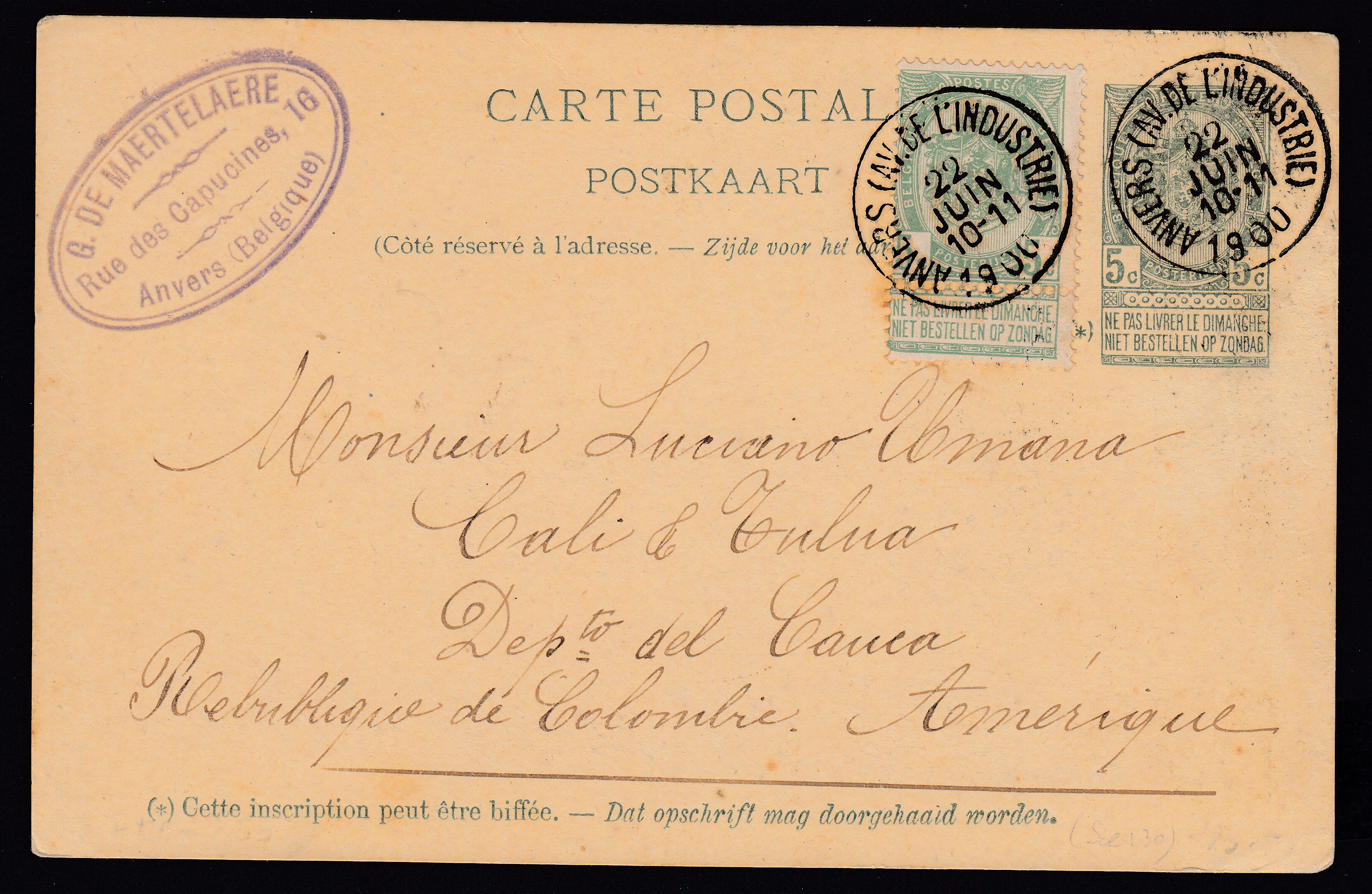 56 sur Ep5c type Tp 56, d'Anvers (Av.de l'industrie) le 22 juin 1900 vers la Colombie. Càd au verso. Explicatif joint.