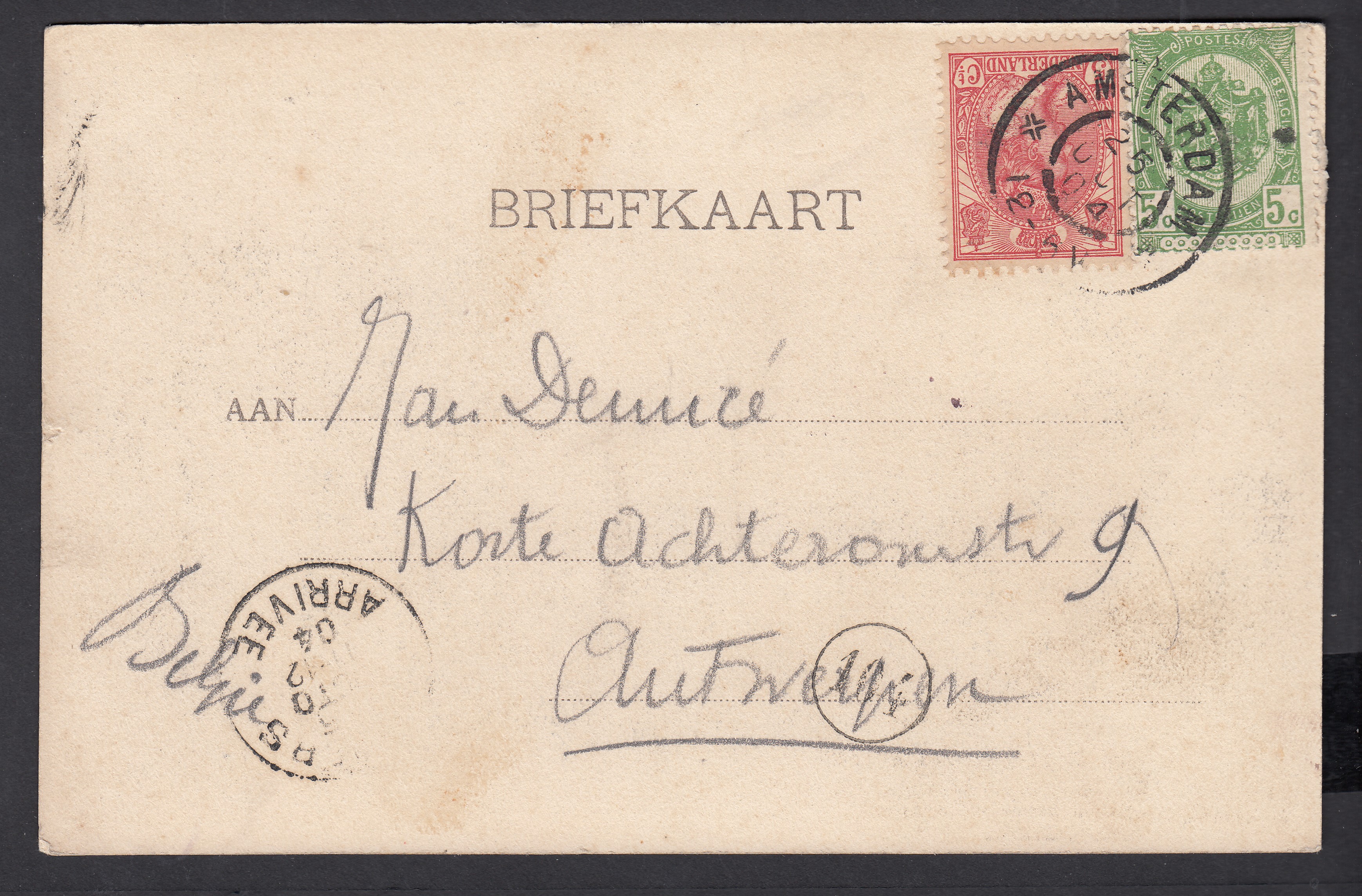 Cp d'Amsterdam curieusement affranchie par Yv51 +Tp belge 56, le 25 oct.1904 vers BXL. Càd au verso.