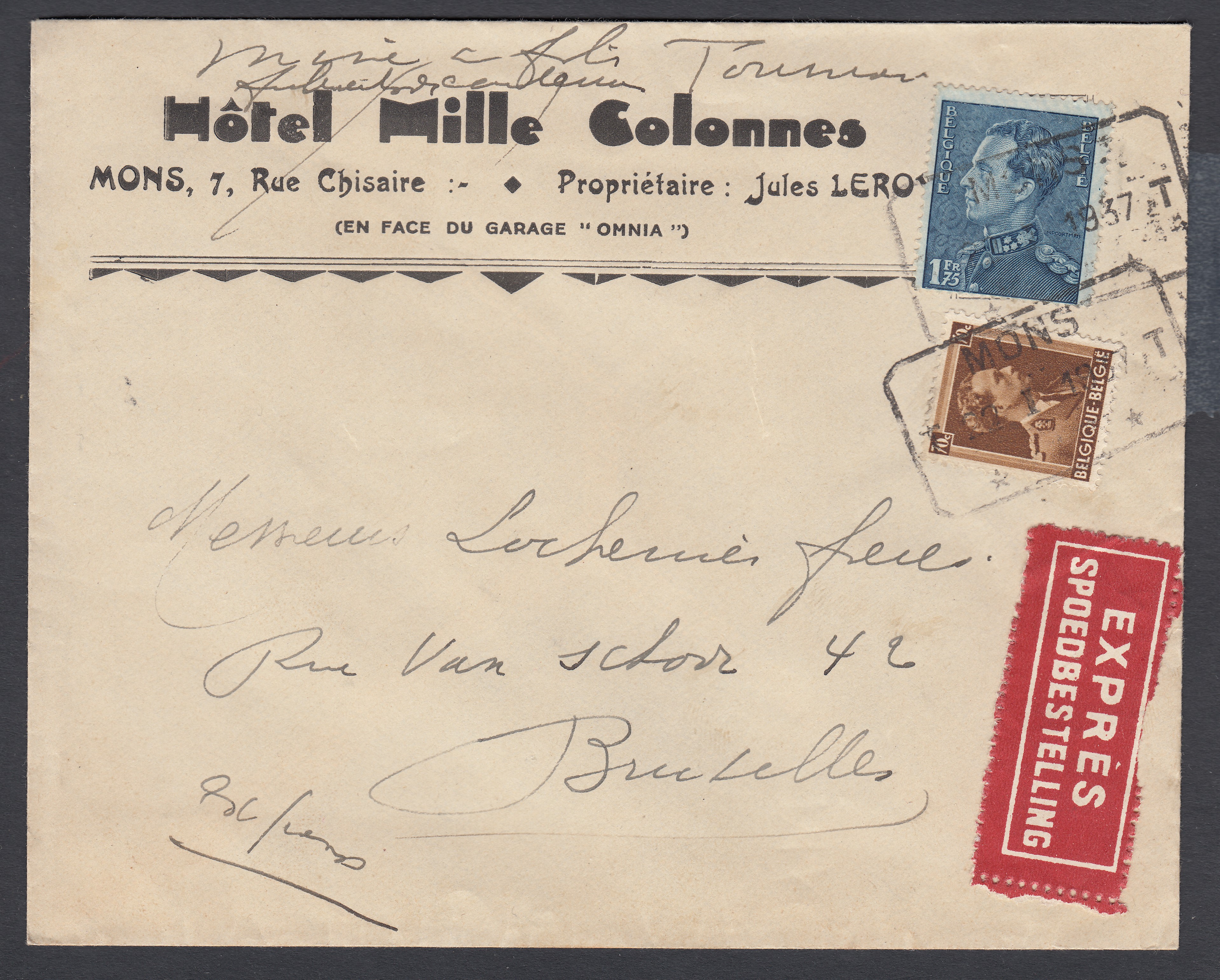 427 +430 sur lettre à entête « Hôtel Mille Colonnes », en exprès de Mons ( Cachet rectangulaire des C.F.) le 22.I.1937 vers BXL.