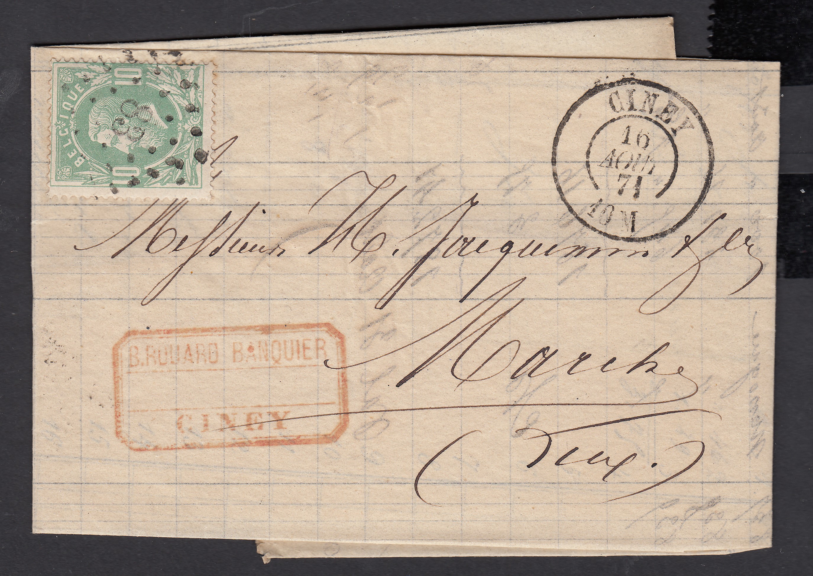 30 sur LAC de Ciney ( Lp83) le 16 avril 1871 vers Marche. Càd au verso.