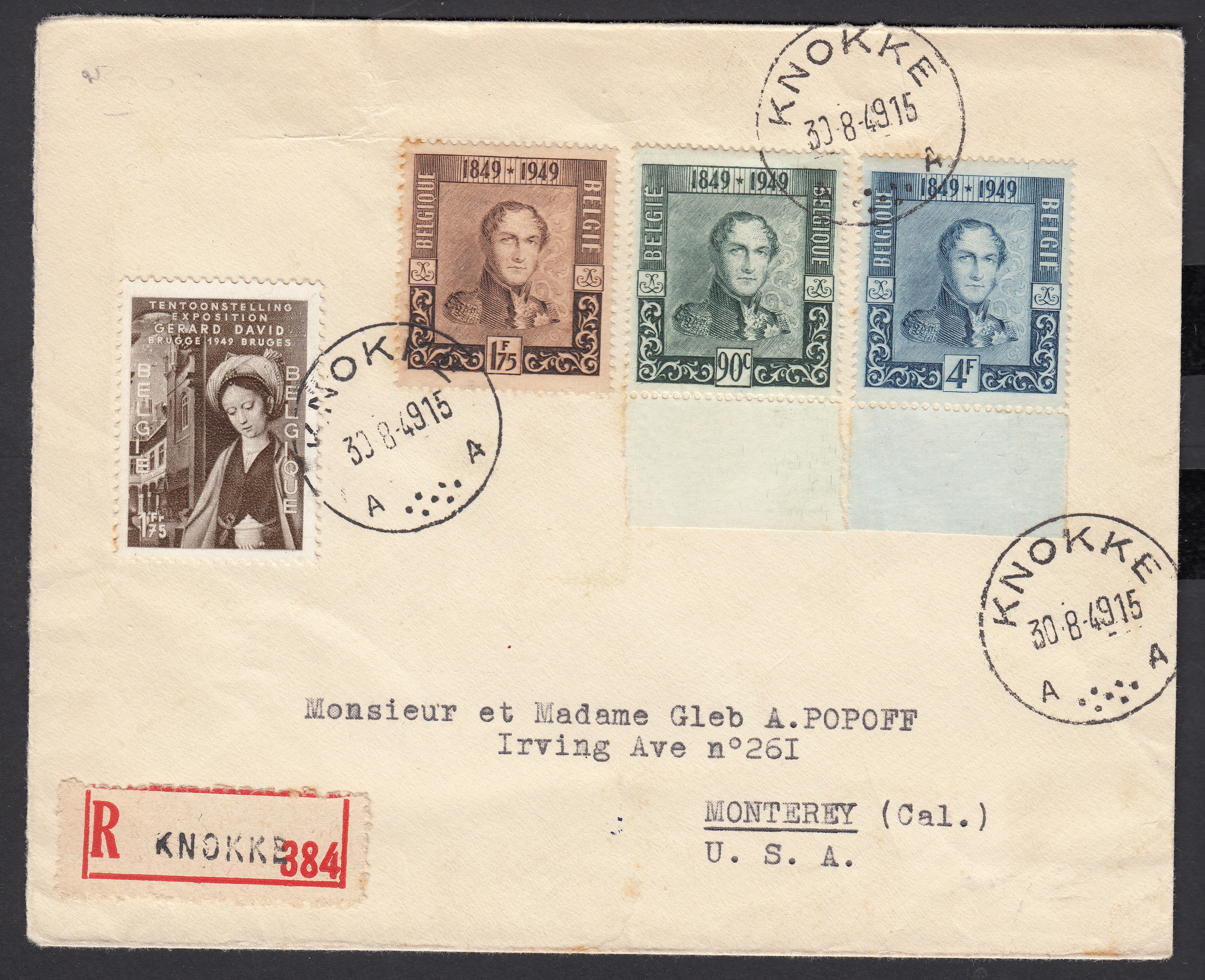 807/08 +810/11 sur lettre en recommandé de Knokke le 30.8.1949 vers Monterey aux USA. Cachet de passage à New-York +Càd au verso.