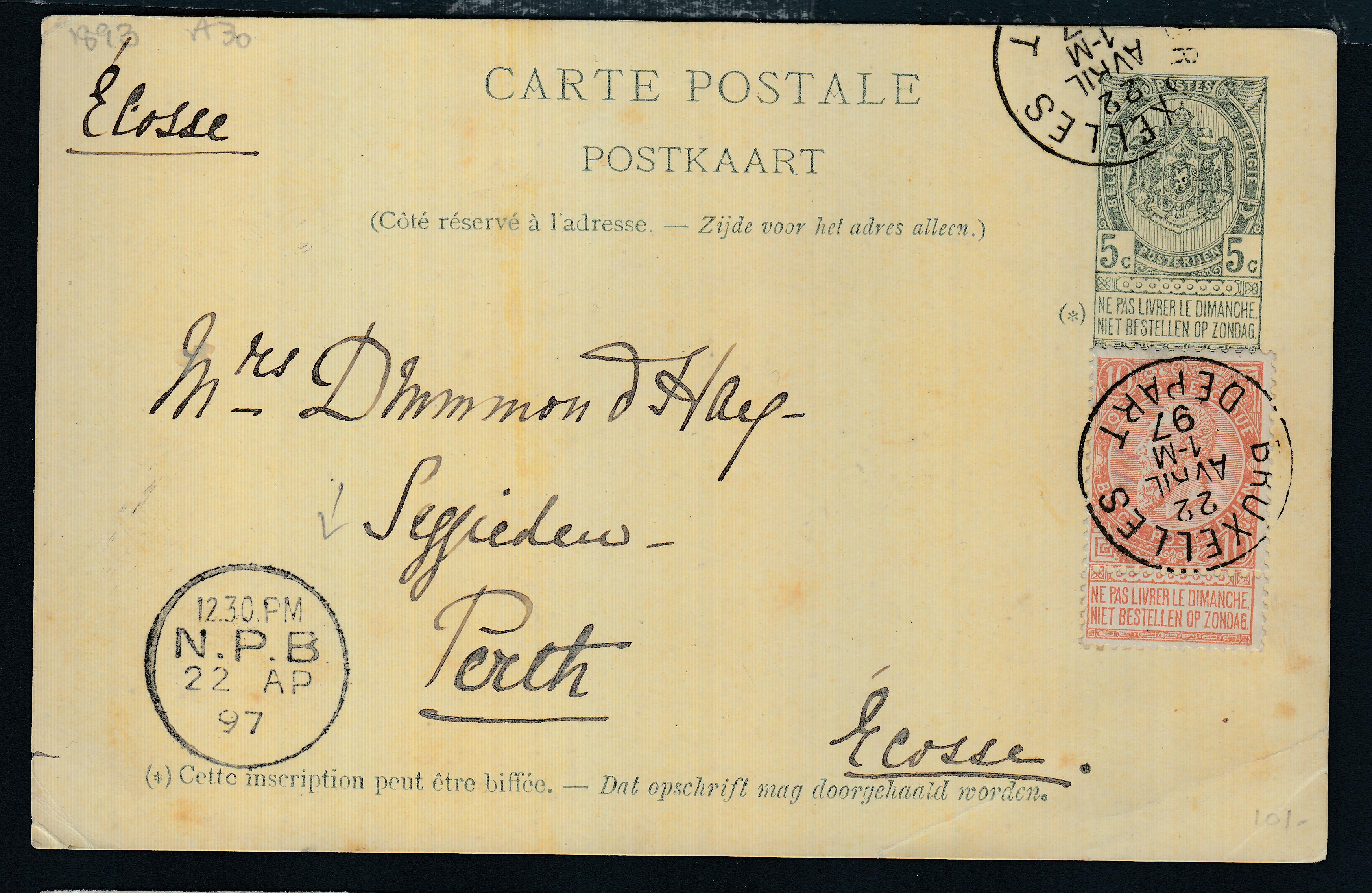 57 sur Ep10c type « Fine Barbe -Tp 56 » de BXL le 22 avril 1897 vers Perth, Ecosse.