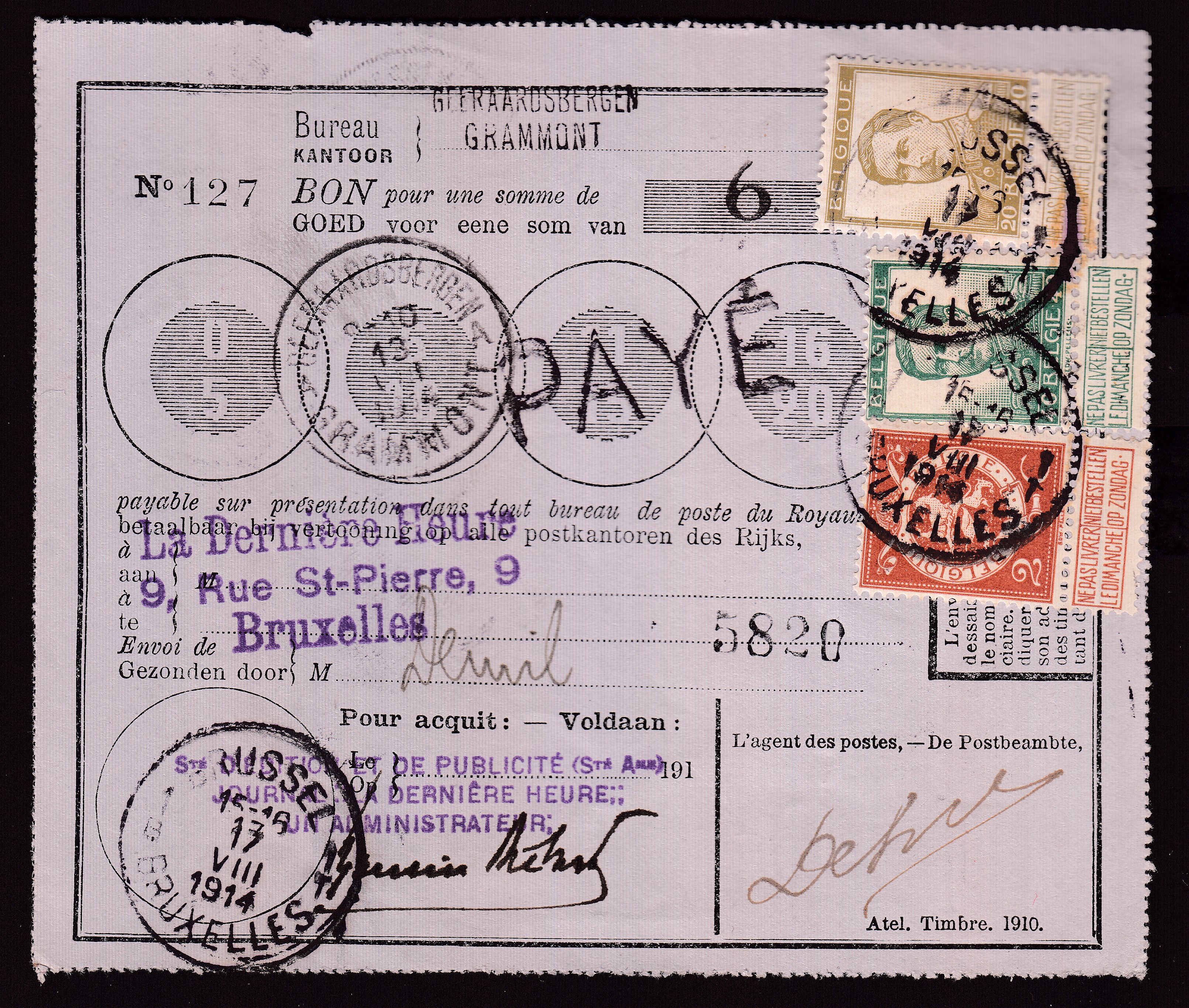 109 +121 +124 sur Bon postal du bureau de Grammont, oblitération de BXL le 17.VIII.1914.