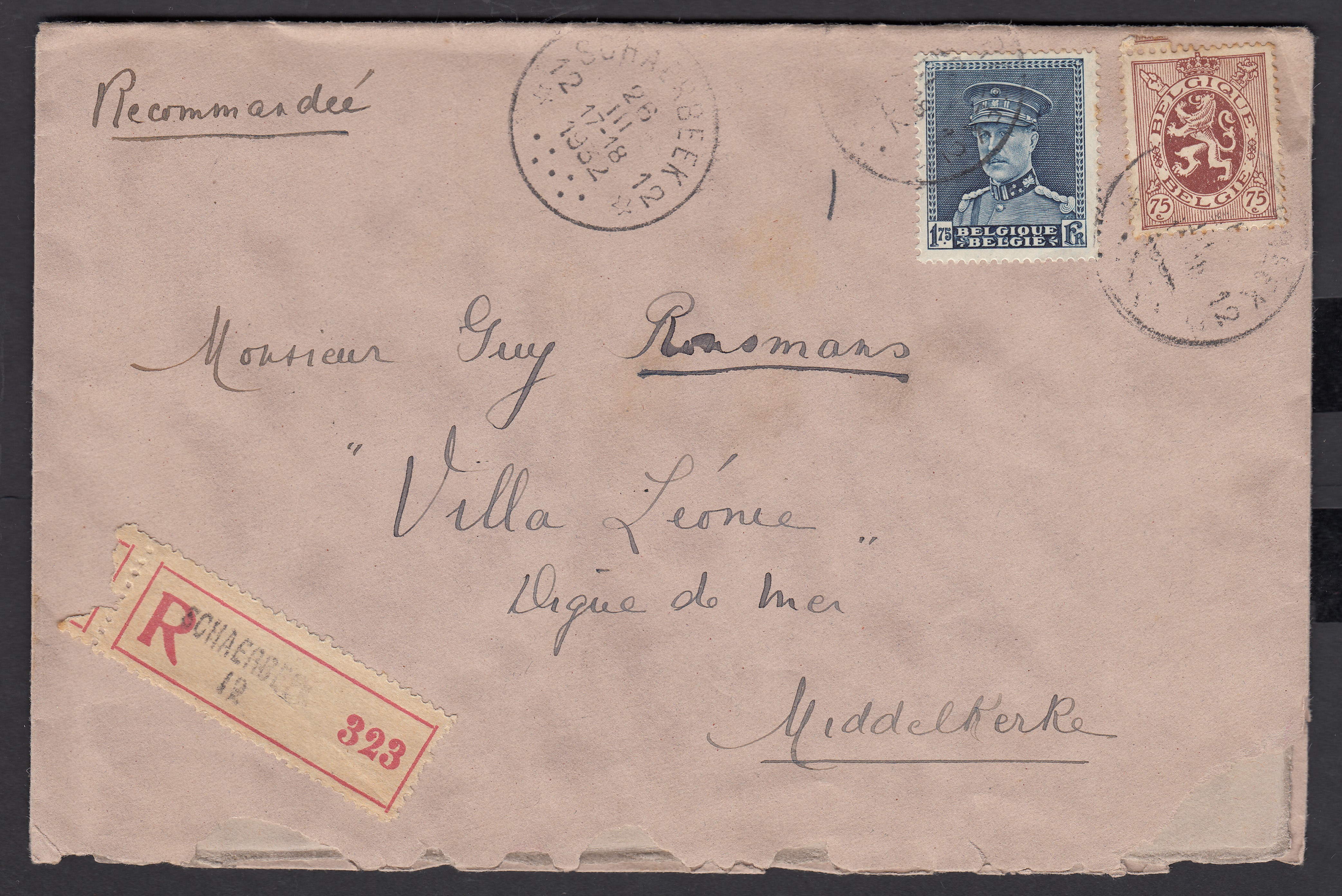 288 +320 sur lettre en recommandé de Schaerbeek agence 12 le 26.III.1932 vers Middelkerke.