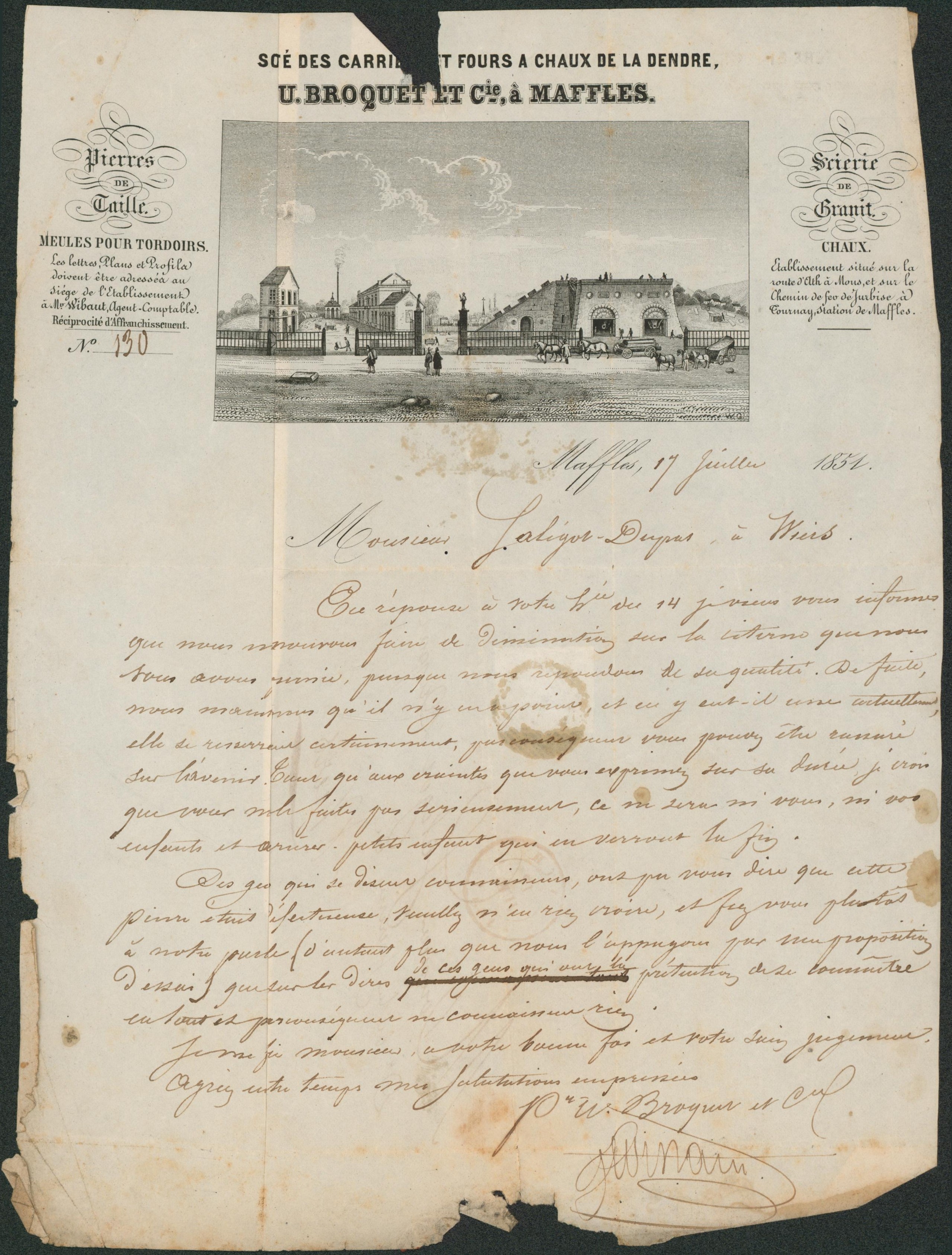 n°3 au filet sur LAC illustré (société des carrieres et fours à chaux de la dendre à maffles) obl P7 çàd Ath (1851) > Wiers