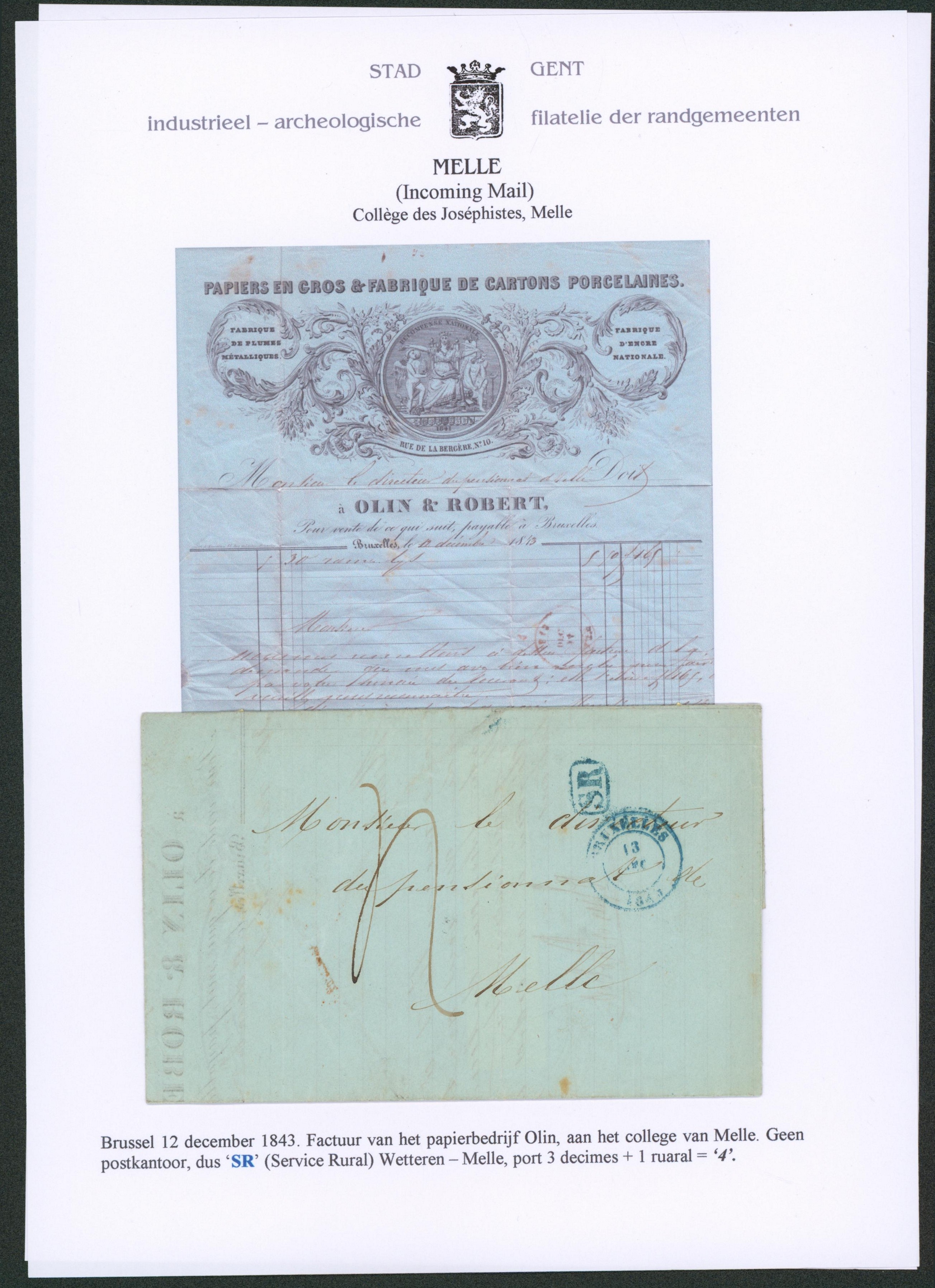 Page de collection - LAC illustré (Papiers en gros & fabrique de carton) expédié de Bruxelles (1843), port 4 décimes > Melle