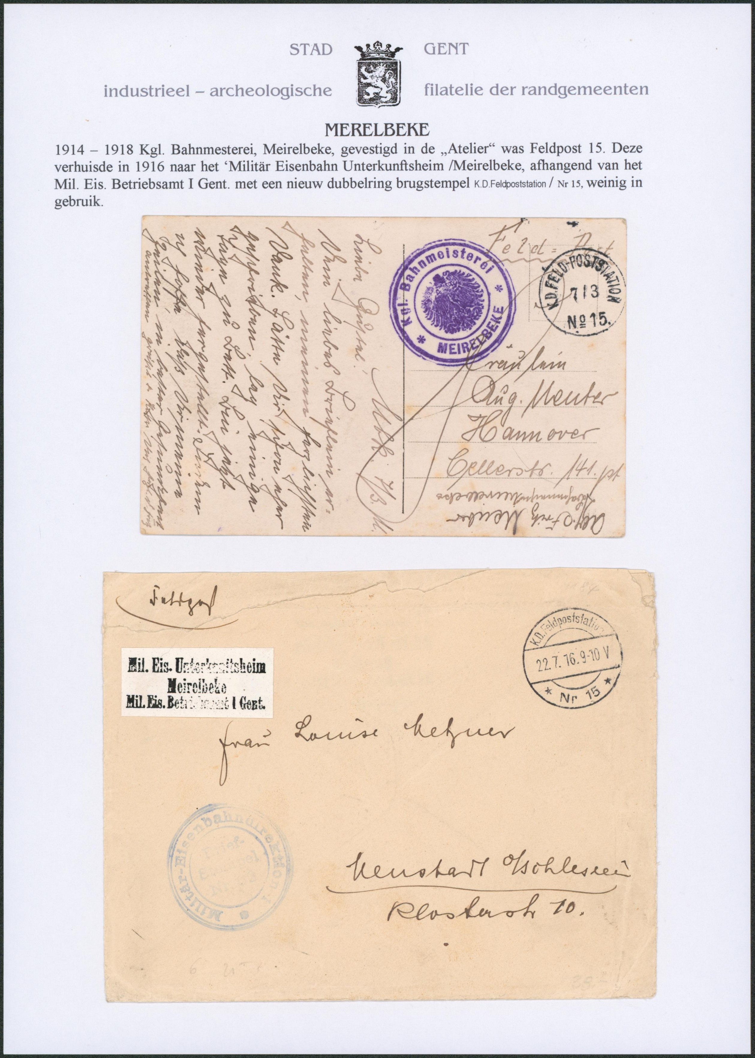 Page de collection - WWI : ensemble d'une CPA + cachet avec armoirie "Kgl. Bahnmeisterei / Meirelbeke" et d'une lettre "Mil. Eisenbahn Unterkunftsheim / Meirelbeke". TB
